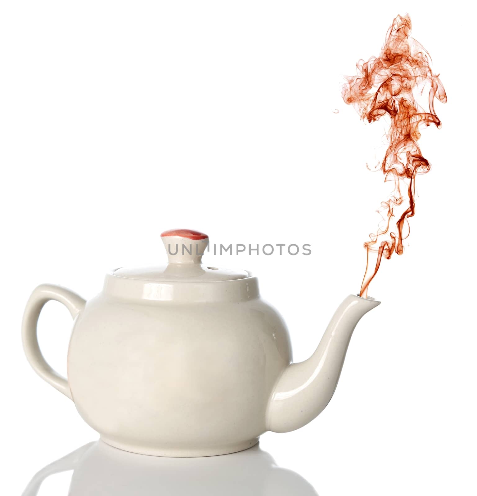 White ceramic tea-pot with color steam coming out of the spout