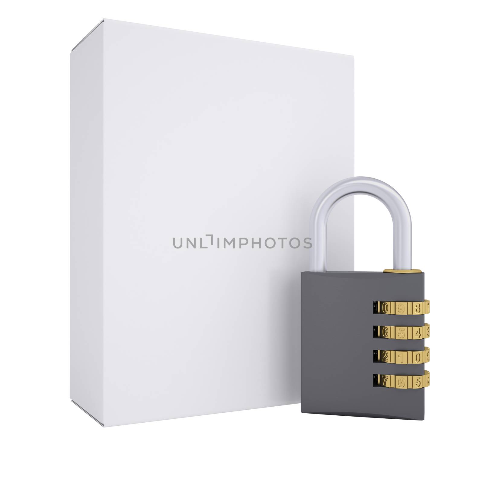 Combination lock and white box. Isolated render on a white background