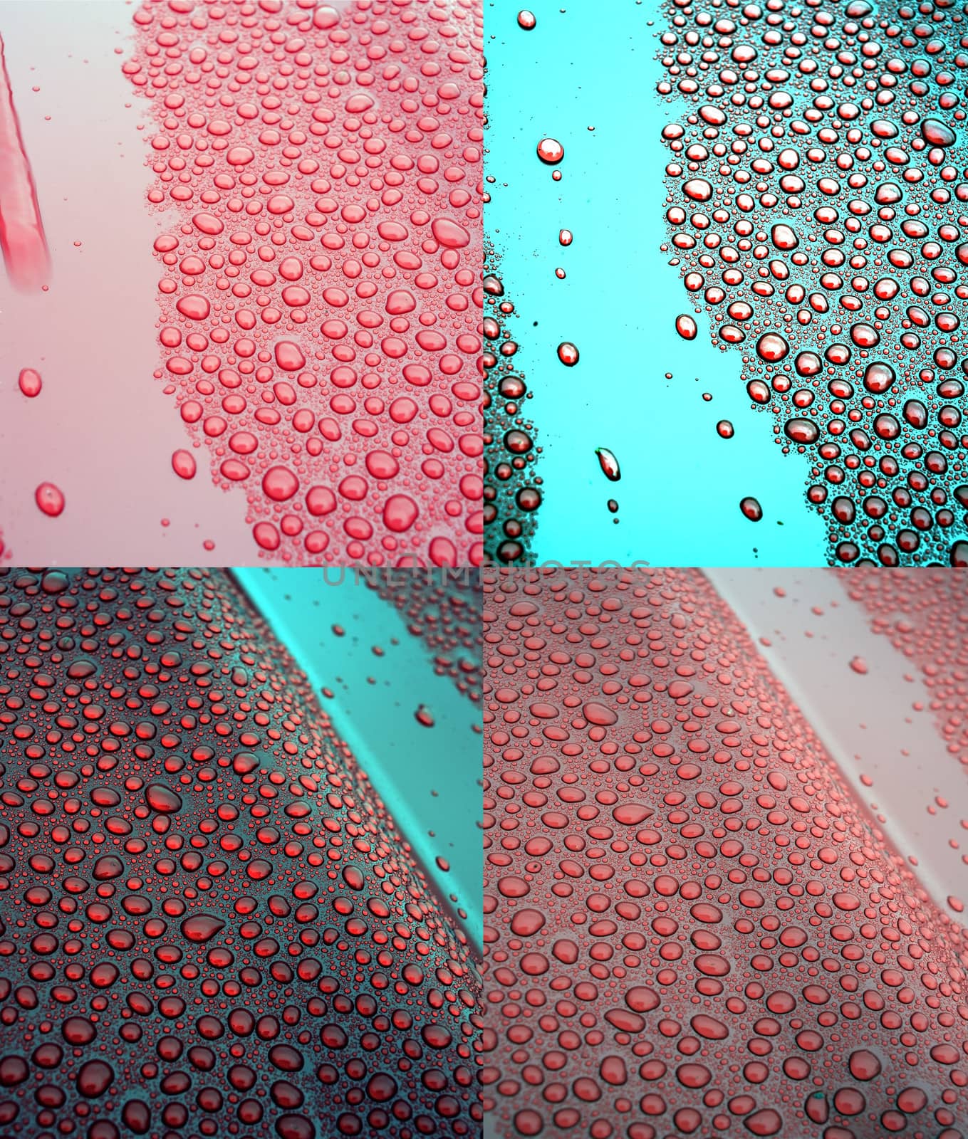 Four variants of a background in the form of water droplets on the surface of red and blue colors