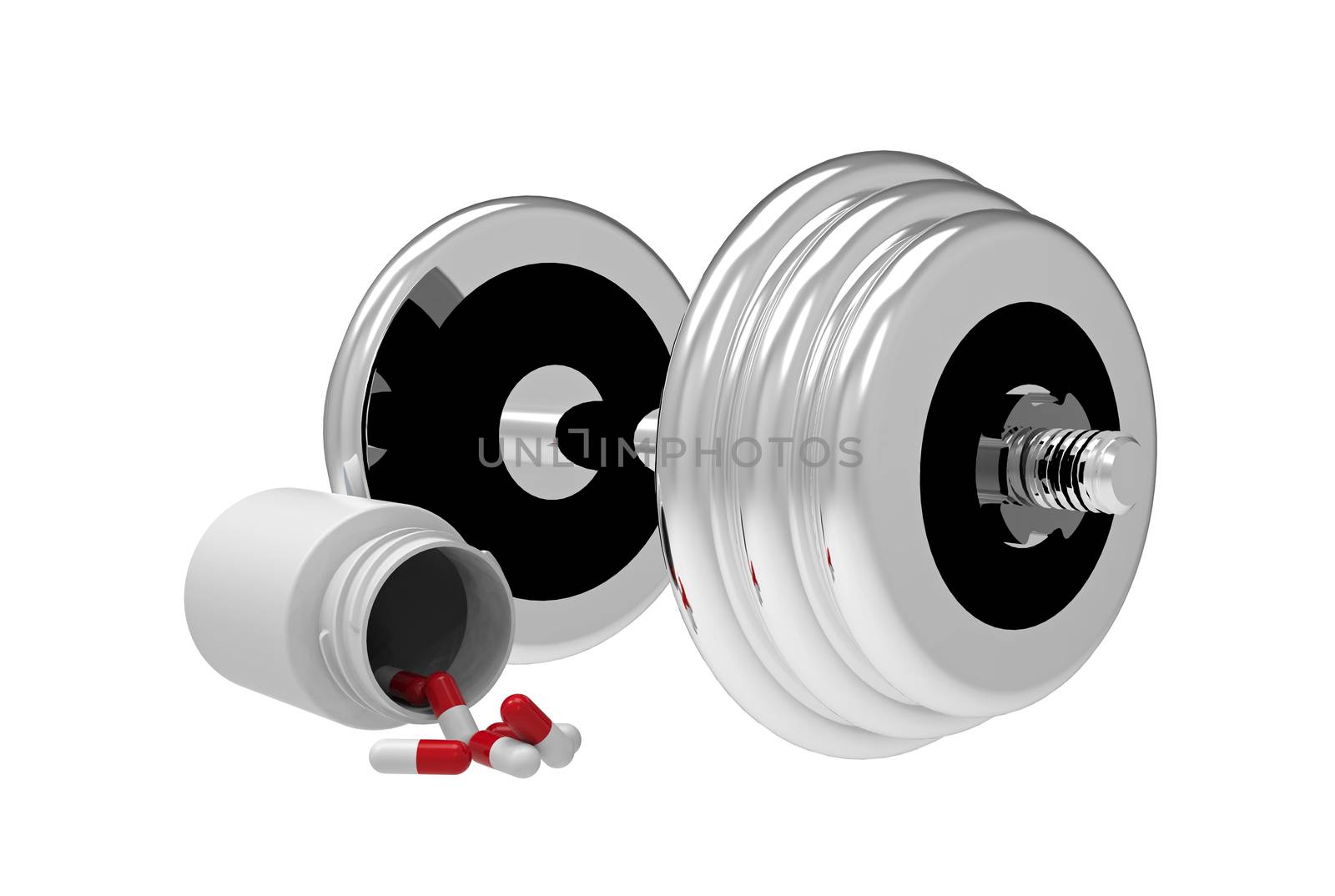 Dumbbell with vial of pills, on white background, 3D render