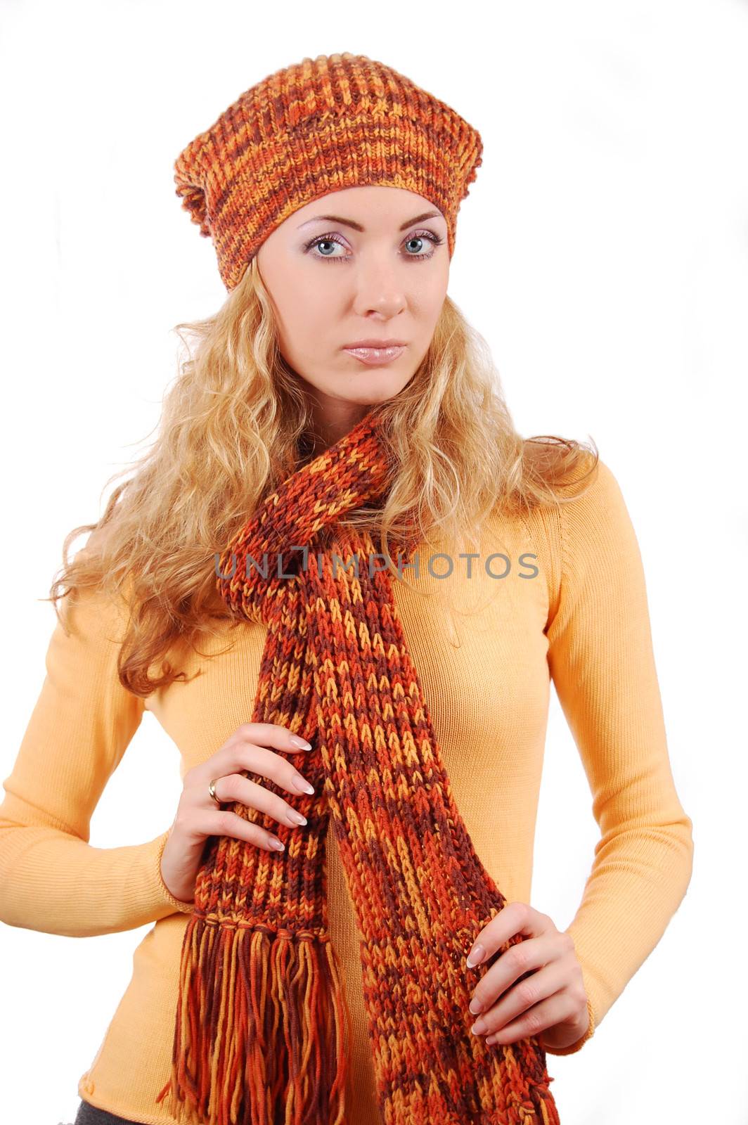 Woman in orange knitted hat, scar and sweater by Angel_a
