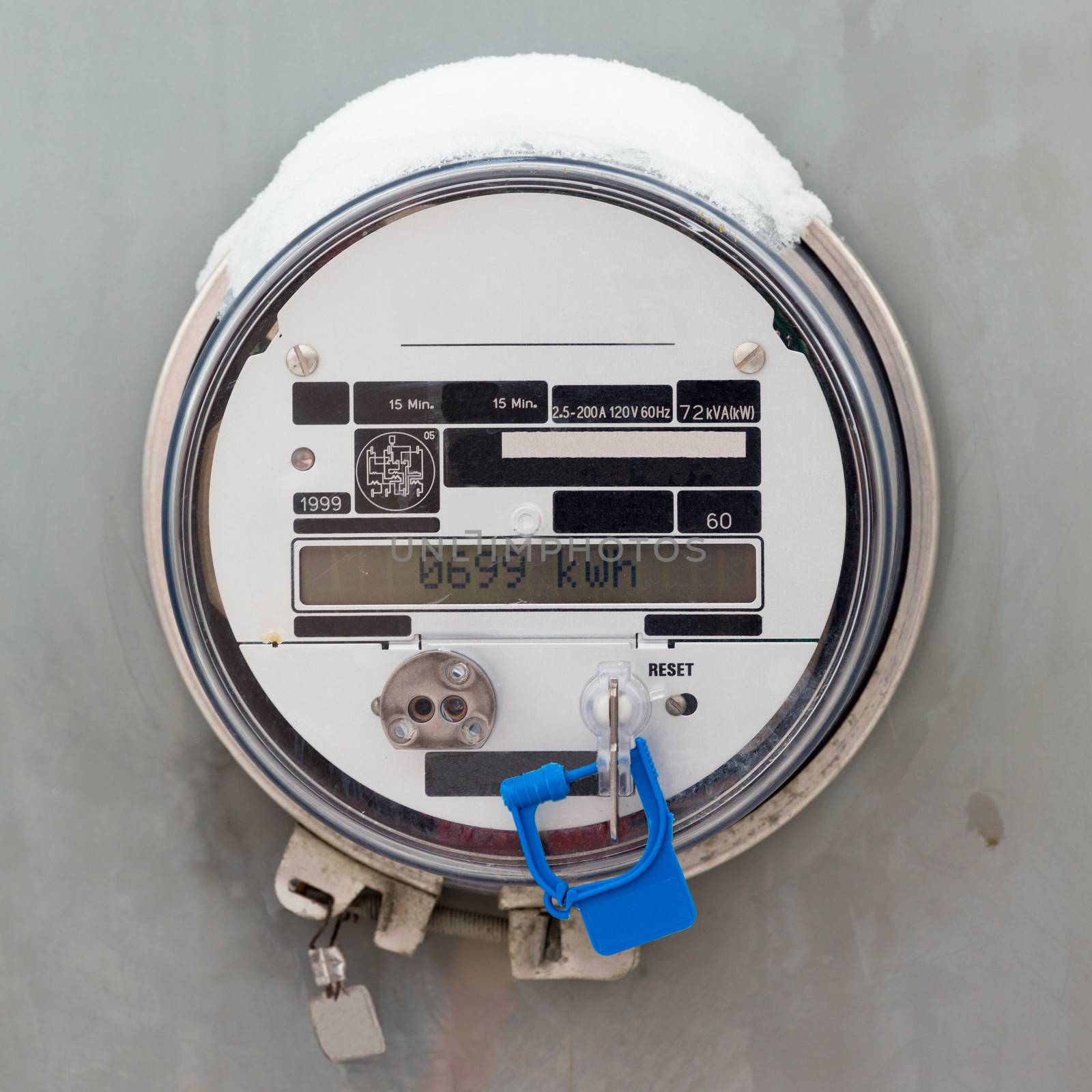 Modern smart grid residential digital power supply meter displays kilowatthours of consumed electric energy