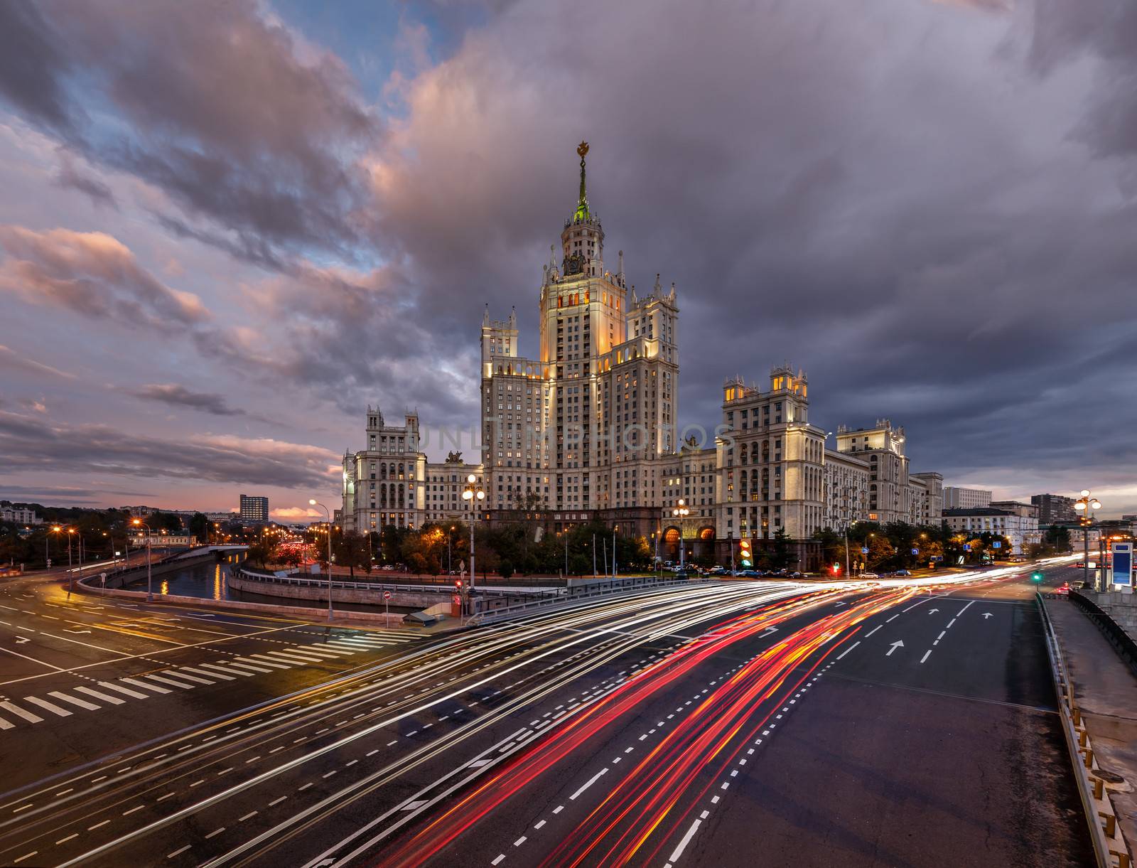 Skyscraper on Kotelnicheskaya Embankment and Traffic Trails at Dusk, Moscow, Russia