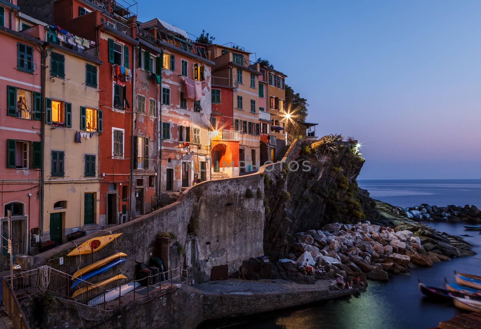 Village of Riomaggiore in Cinque Terre Illuminated at Night, Italy