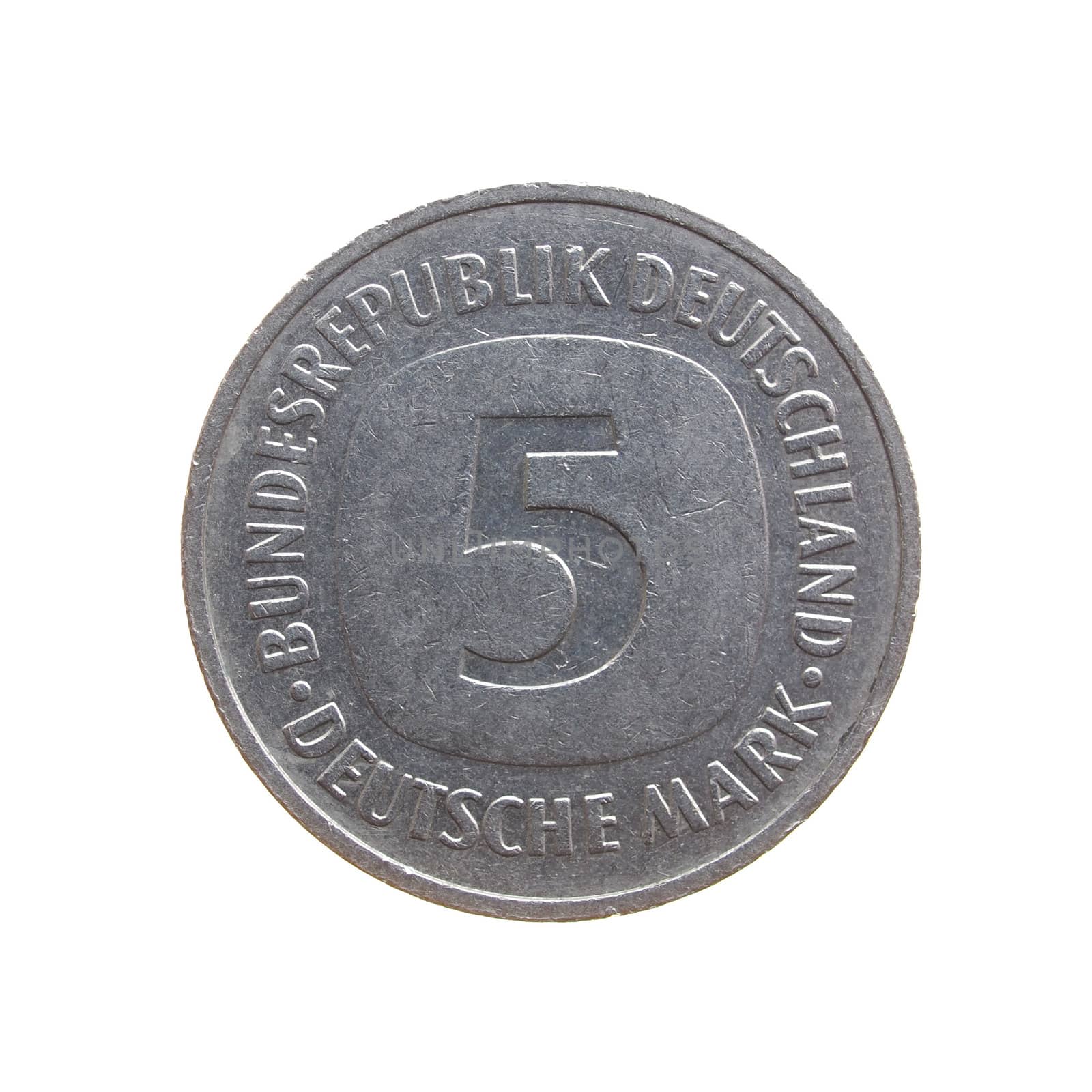 Five Deutsche Mark coin isolated over a white background