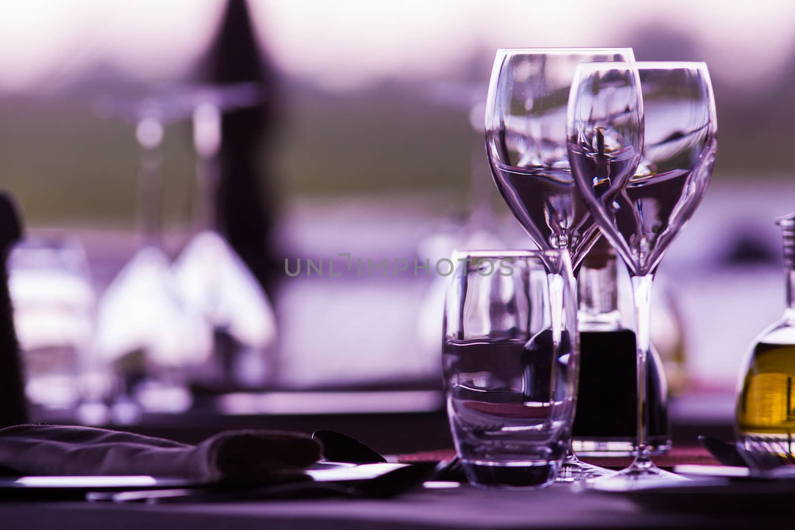 Empty wine glasses in a elegant restaurant