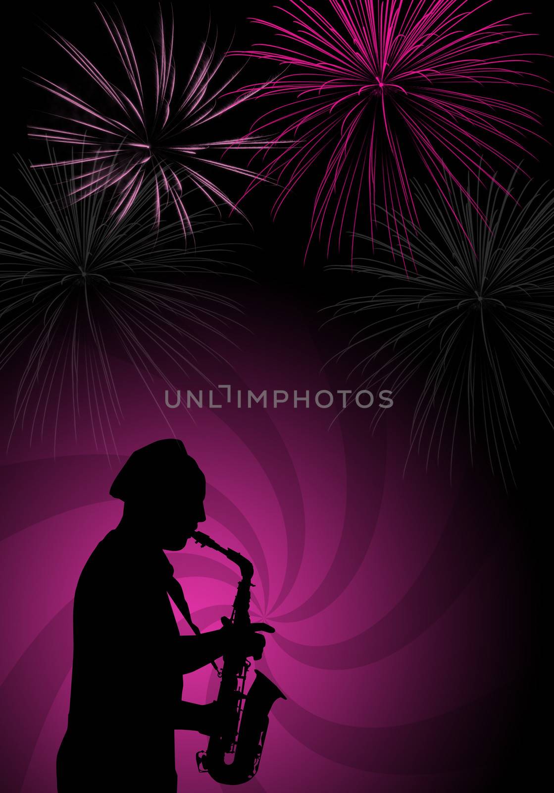 saxophonist with fireworks by sognolucido