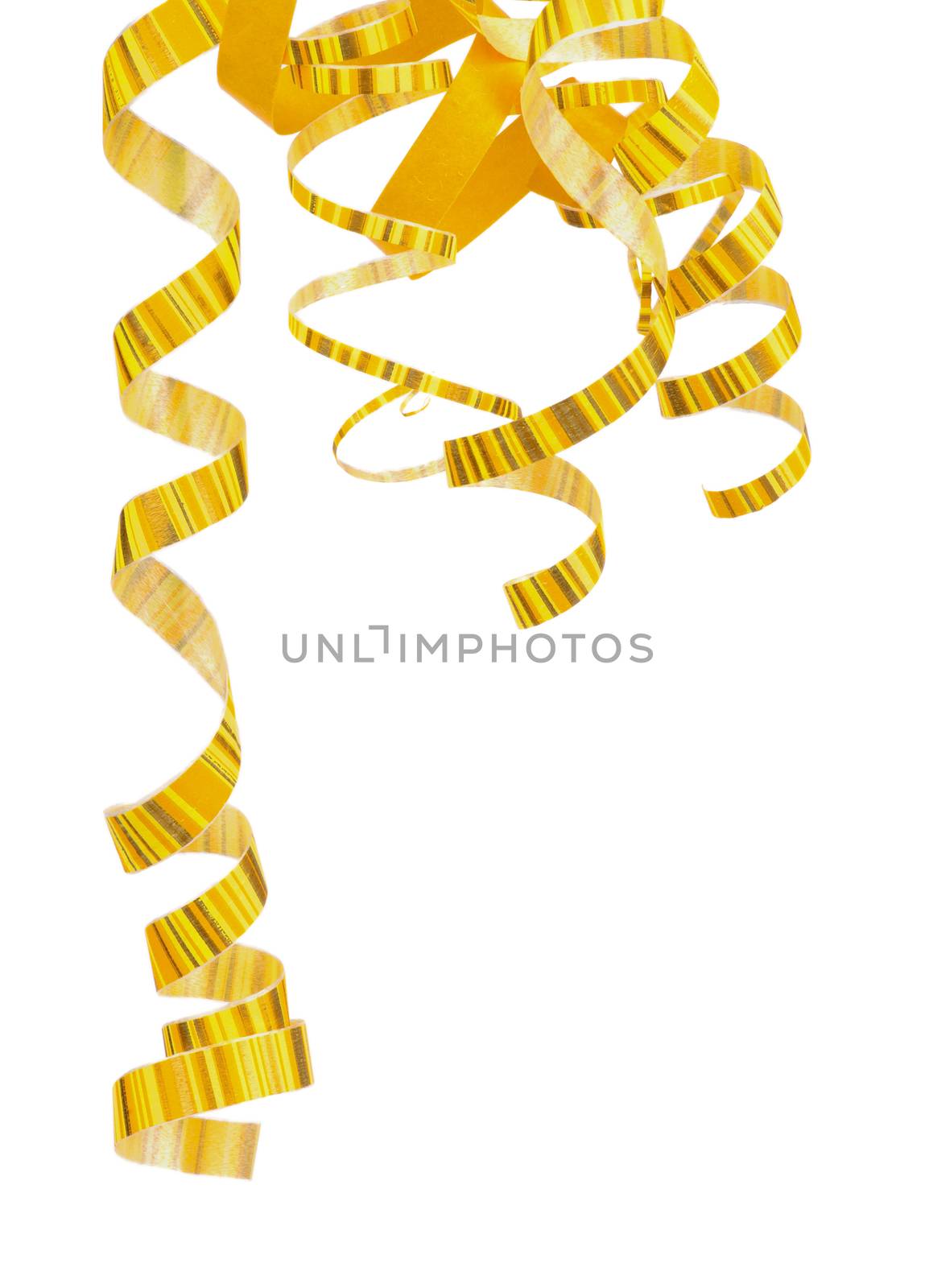 Corner of Striped Yellow Curly Hanging Down Party Streamers isolated on white background