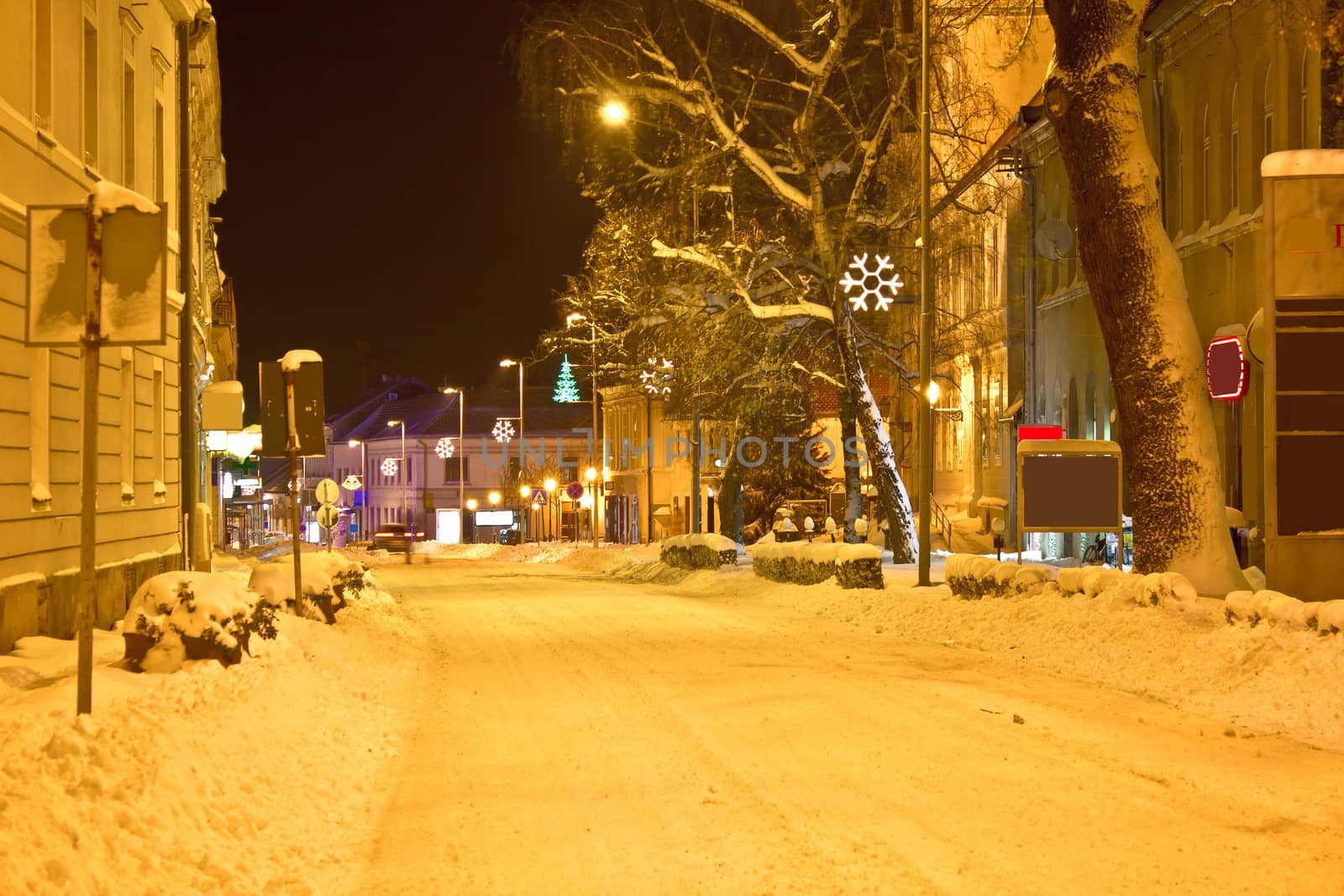 Winter time street scene, snow in Krizevci, Croatia