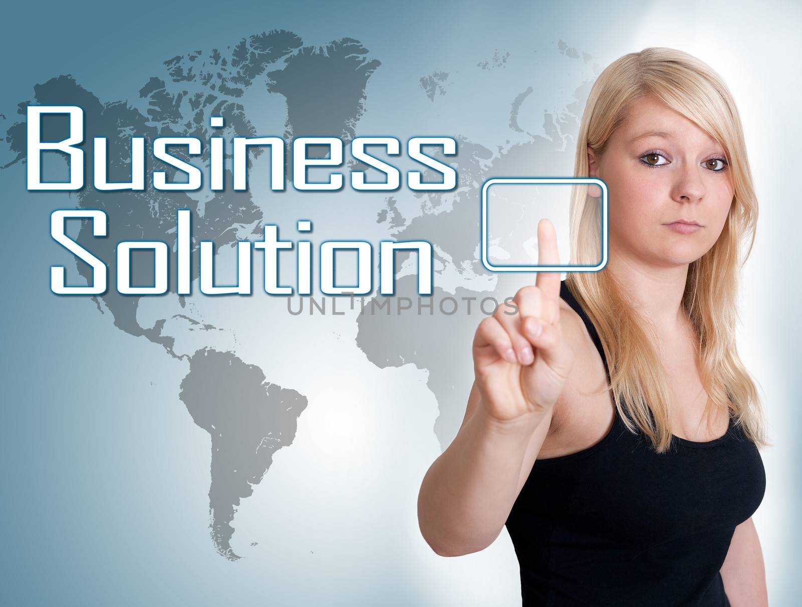 Young woman press digital Business Solution button on interface in front of her