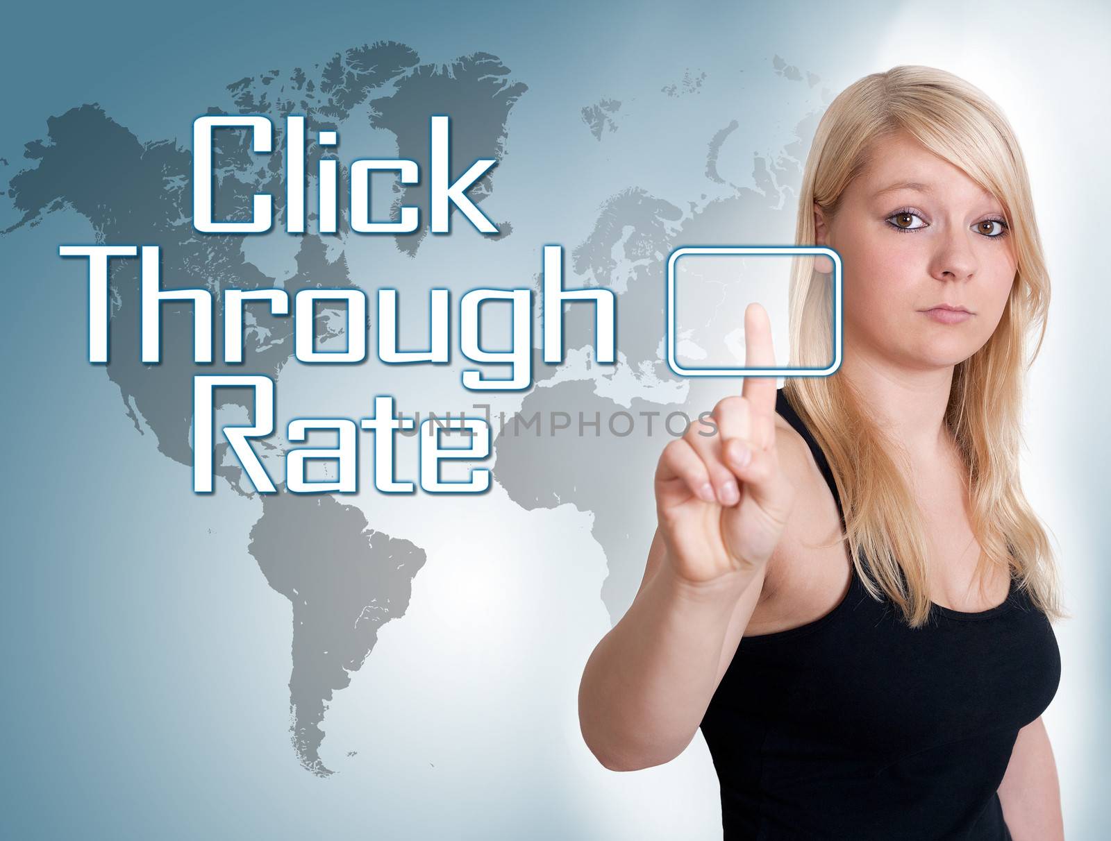 Young woman press digital Click Through Rate button on interface in front of her