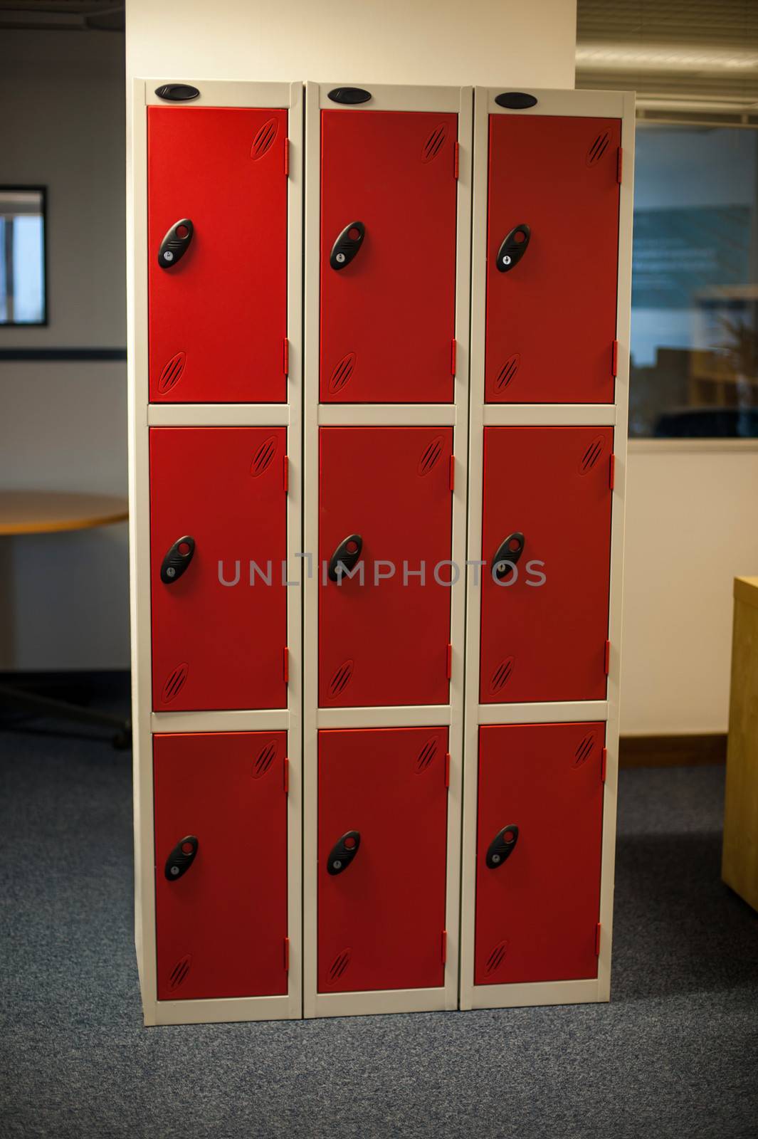 Red locker boxes cupboard in office