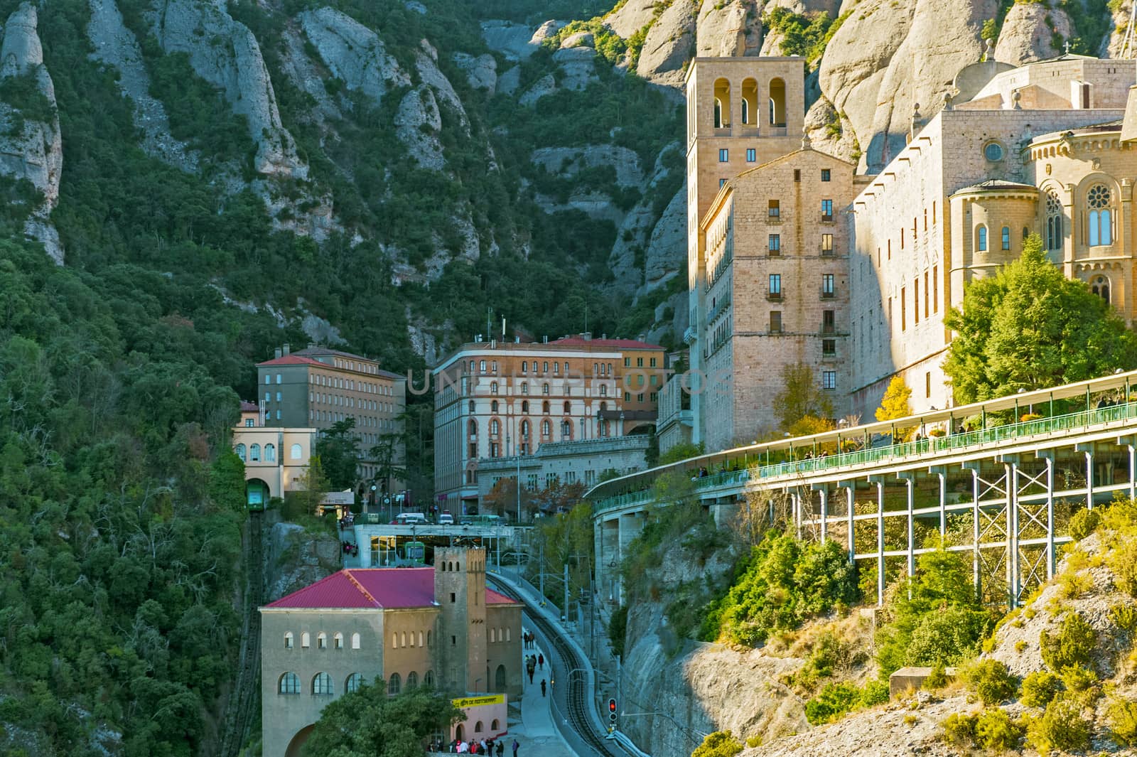 Montserrat, Spain - December 7, 2013: The Benedictine abbey Santa Maria de Montserrat on December 7, 2013 in Monistrol de Montserrat, Spain. It hosts the Virgin of Montserrat, the favorite in Catalonia 