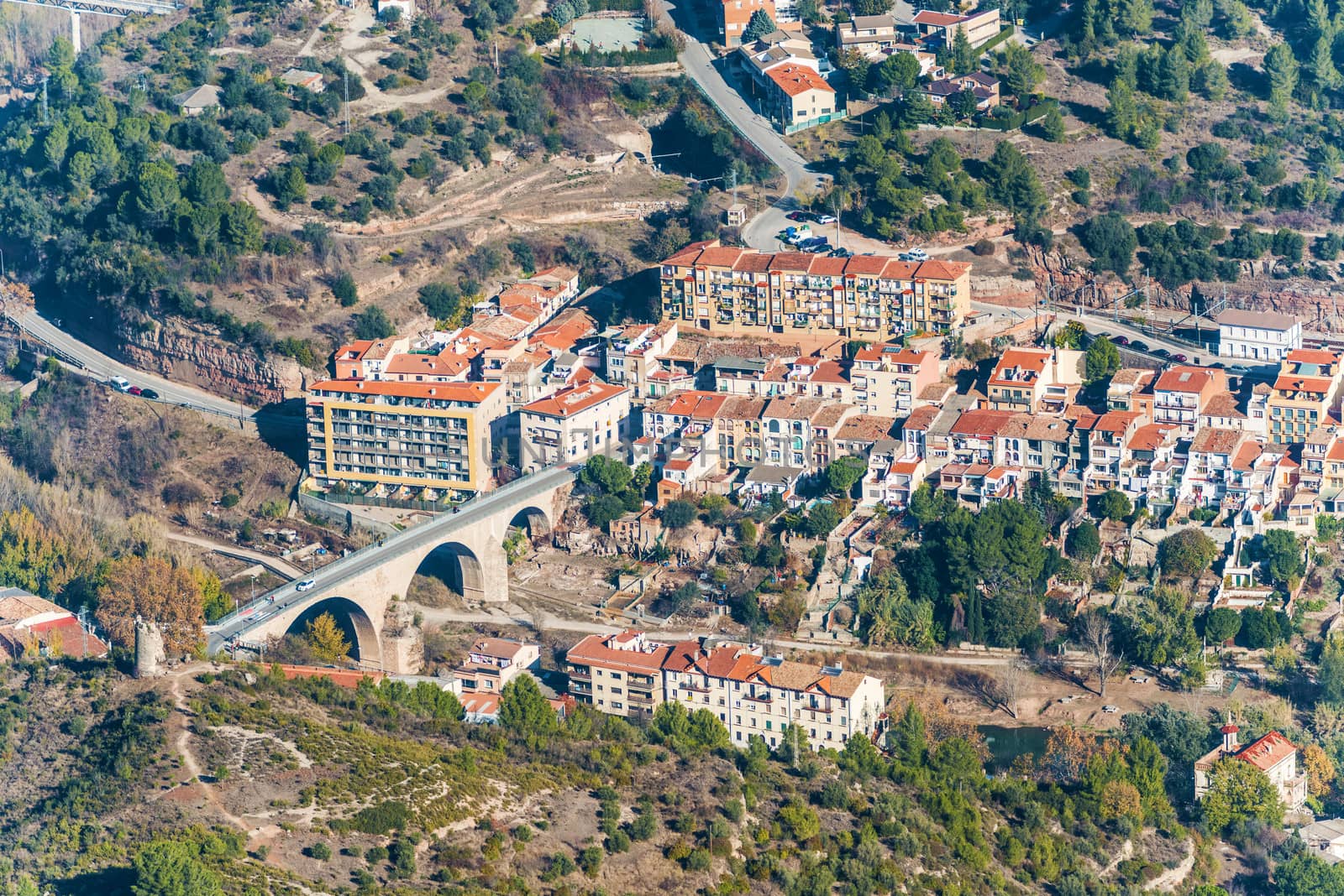 Aerial view from Montserrat mountain the Village below mountains.