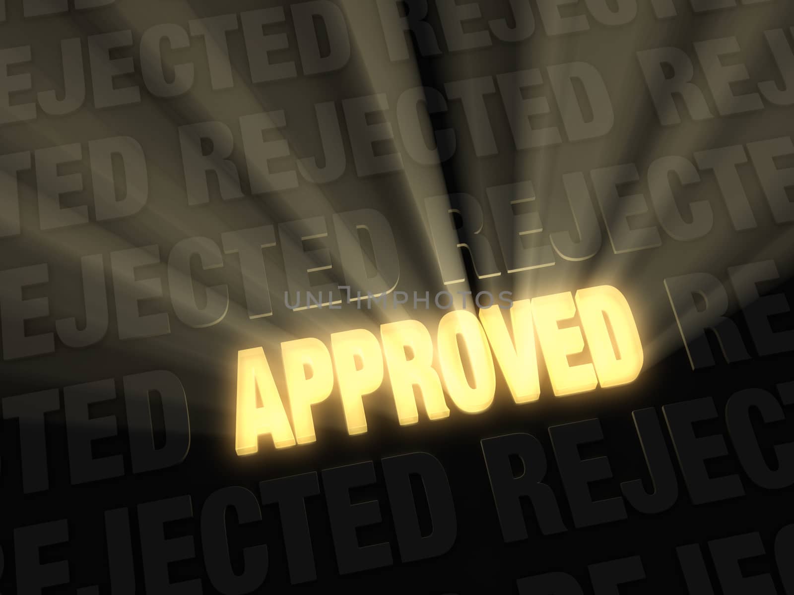 Brilliant light rays burst from a glowing, gold "APPROVED" on a dark background of "REJECTION"