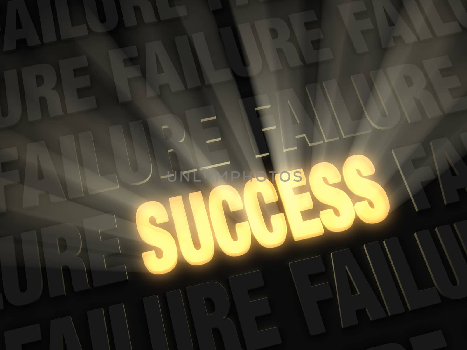 Brilliant light rays burst from a glowing, gold "SUCCESS" on a dark background of "FAILURE"s