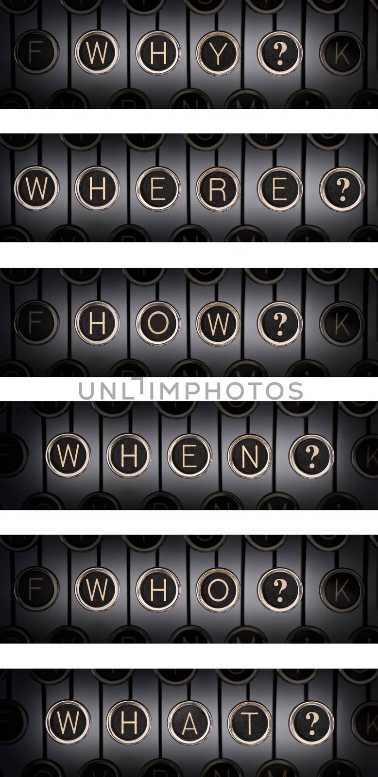 Six vintage style banners composed from old manual typewriter keyboards that spell out "WHY?", "WHERE?", "HOW?", "WHEN?", "WHO?" and "WHAT?"  Lighting and focus are centered on each word.