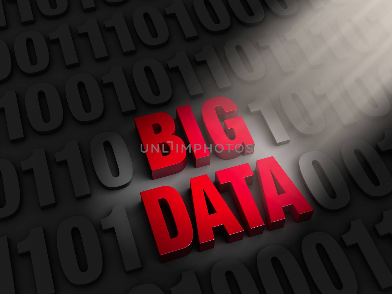 A spotlight illuminates bold, red "BIG DATA" on a dark background of "1"s and "0"s.