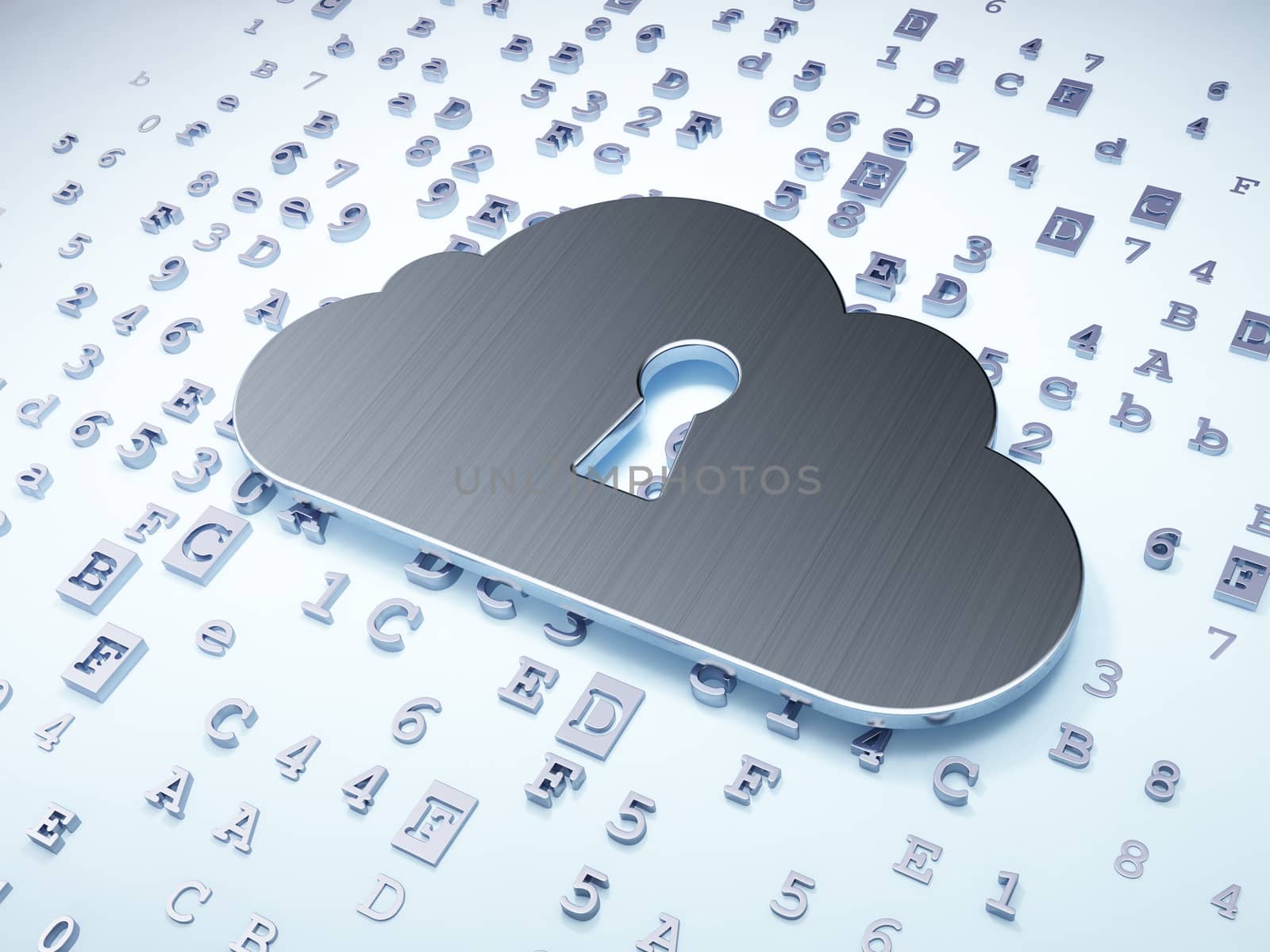 Cloud technology concept: Silver Cloud With Keyhole on digital background, 3d render