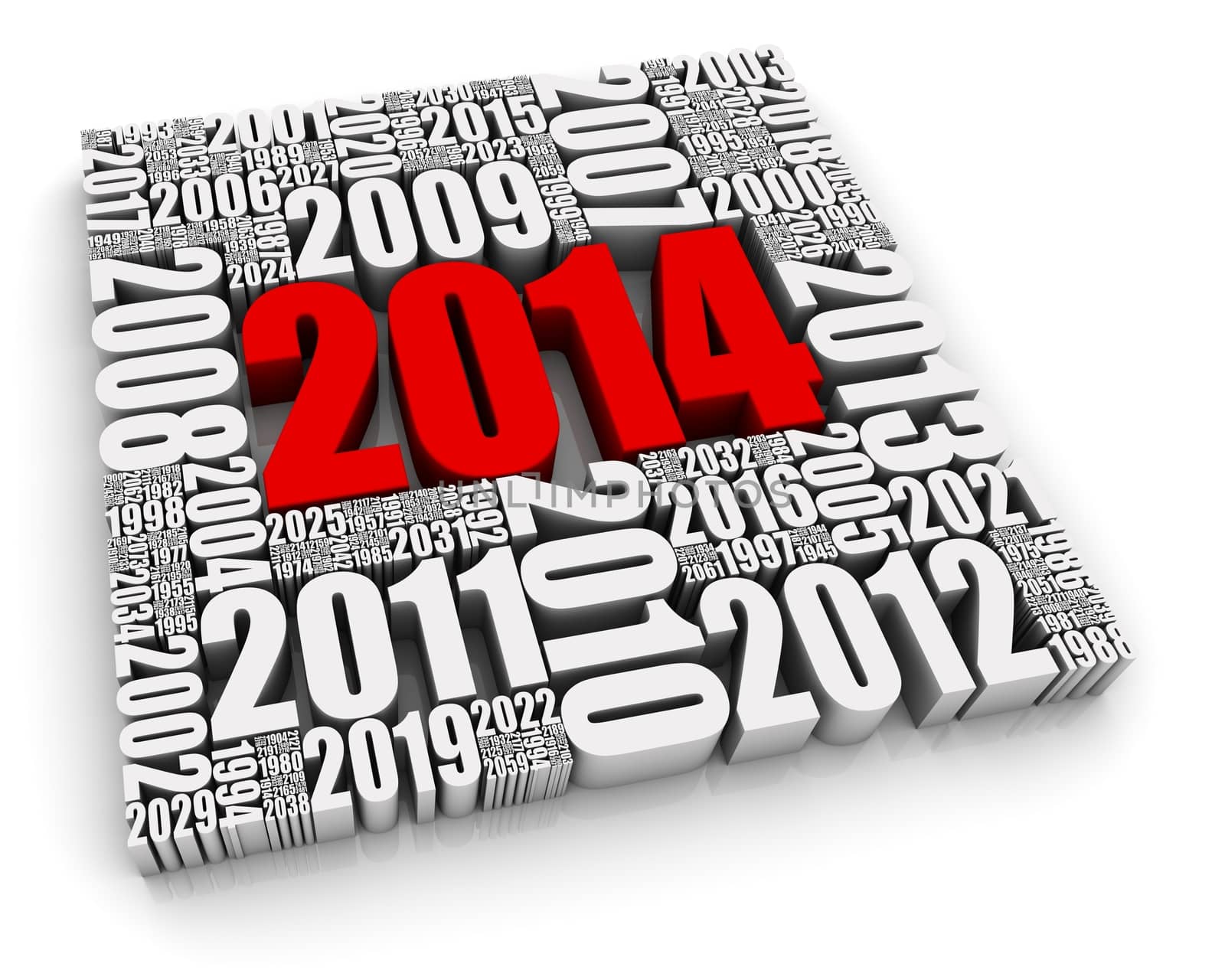 Year 2014 red 3D text surrounded by other dates. Part of a series.