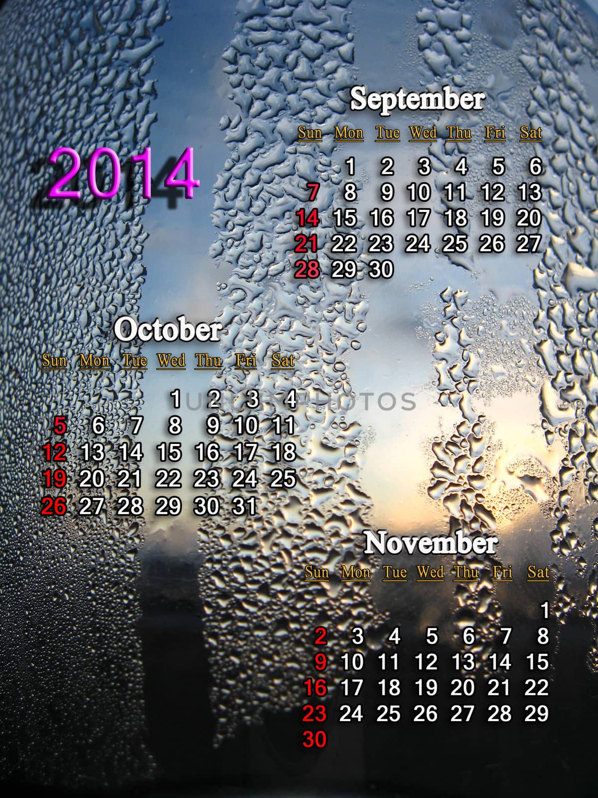 calendar for autumn of 2014 year with drops of water by alexmak