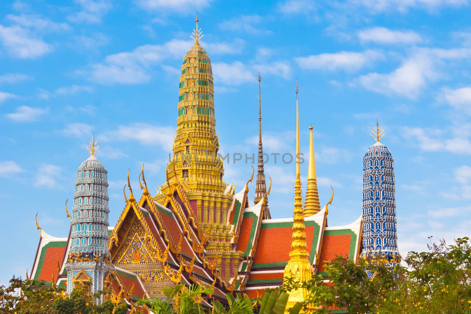 Thailand, Bangkok, The Wat Phra Kaew ( Temple of the Emerald Buddha), famous for golden pagoda.