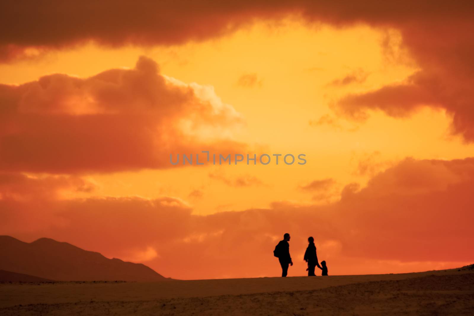 Silhouette of the family on their evening trip in the desert