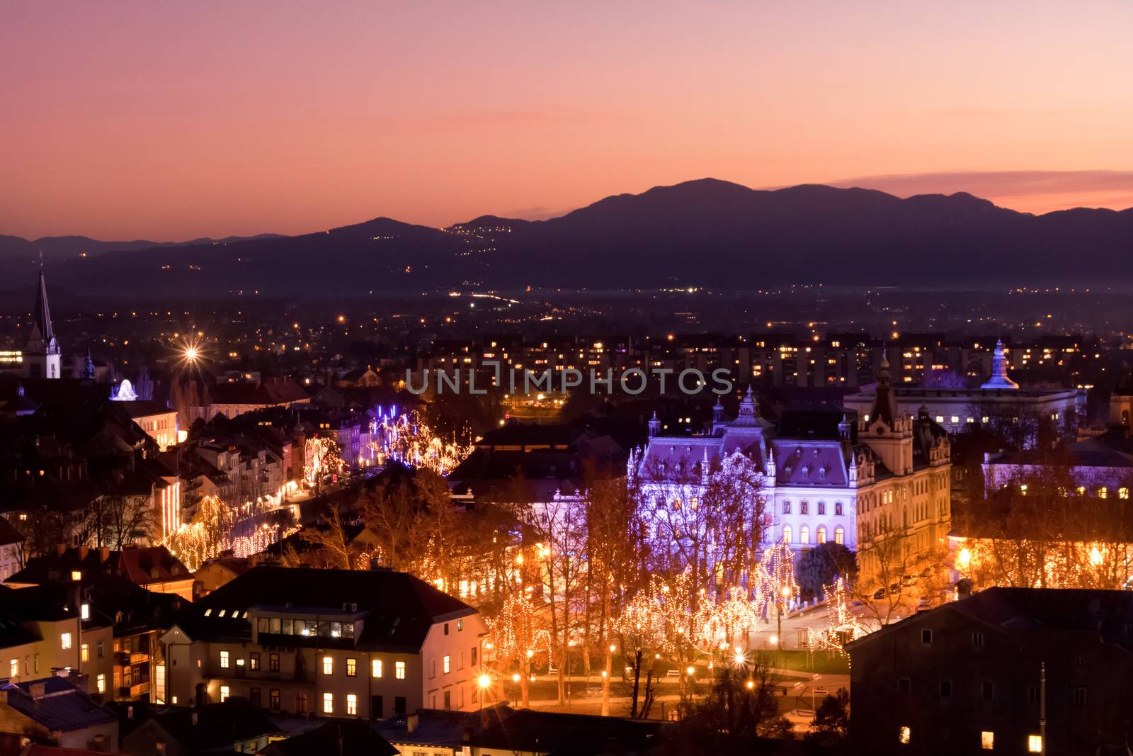 Aeirial panoramic view of romantic medieval Ljubljana's city centre, the capital of Slovenia, decorated for Christmas holidays. Ljubljana, Slovenia, Europe.