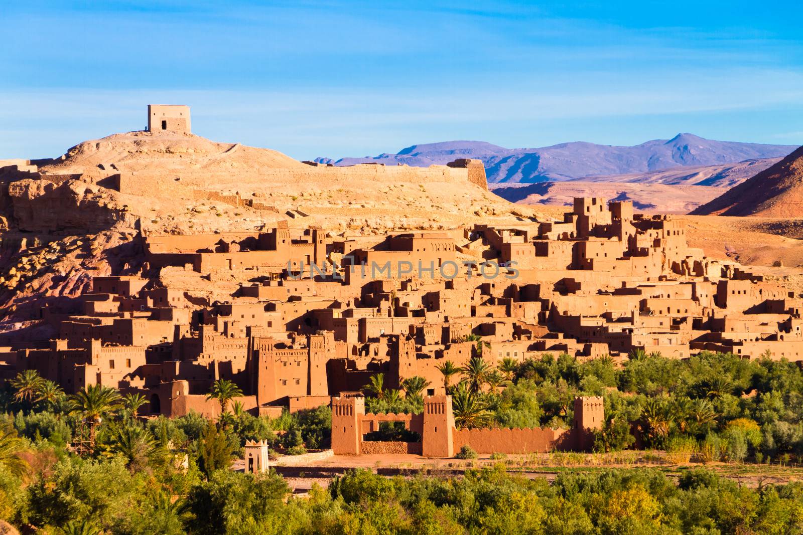 Ait Benhaddou,fortified city, kasbah or ksar, along the former caravan route between Sahara and Marrakesh in present day Morocco. It is situated in Souss Massa Draa on a hill along the Ounila River.