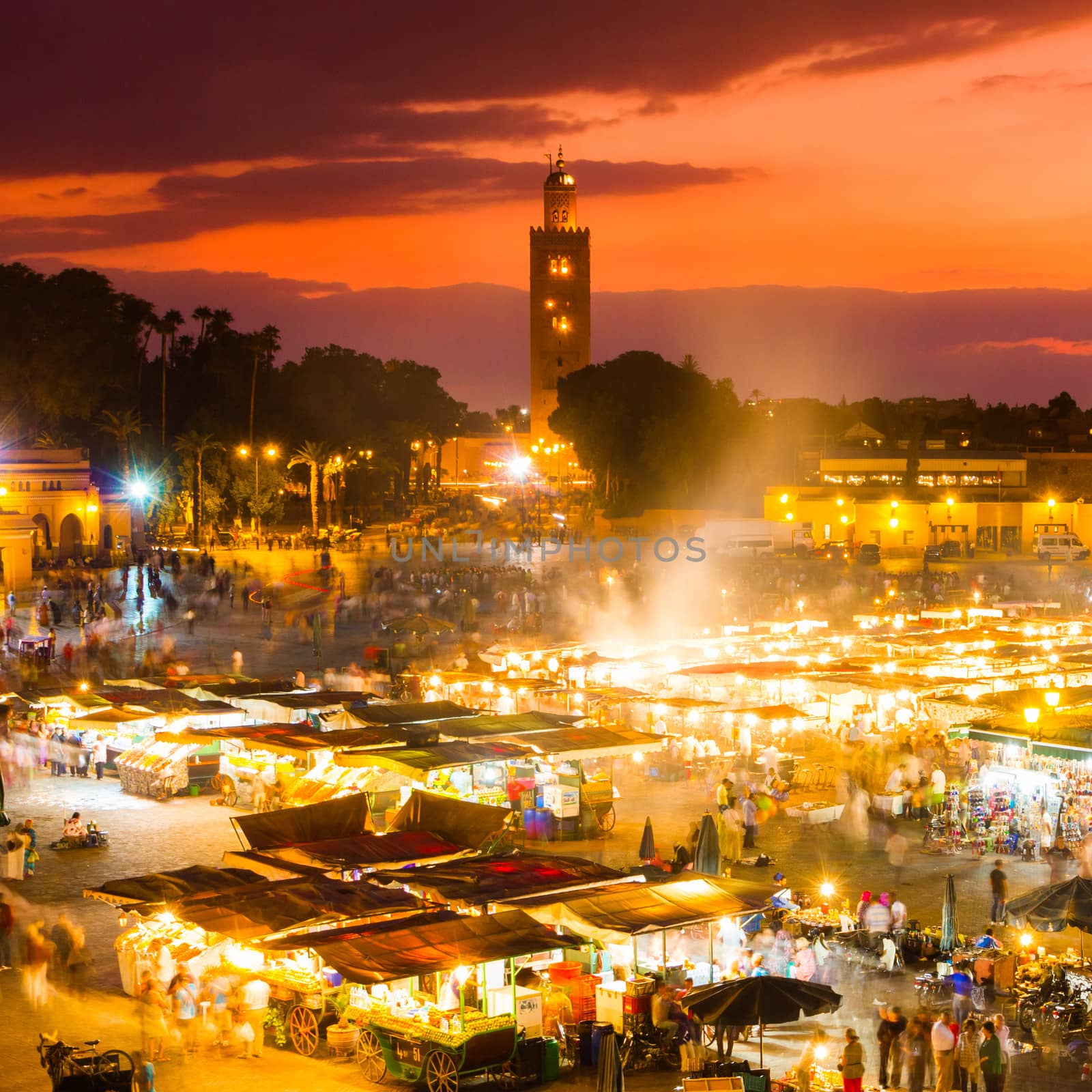Jamaa el Fna also Jemaa el Fnaa, Djema el Fna or Djemaa el Fnaa is a square and market place in Marrakesh's medina quarter (old city). Marrakesh, Morocco, north Africa. UNESCO Masterpiece of the Oral and Intangible Heritage of Humanity.