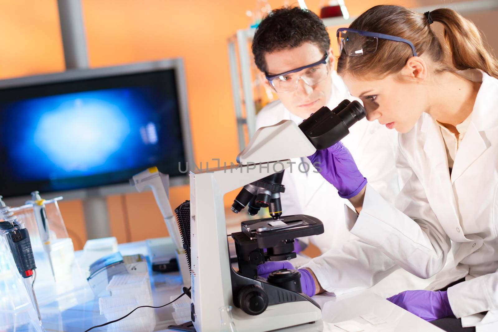 Attractive young scientist and her post doctoral supervisor looking at the microscope slide in the forensic laboratory.