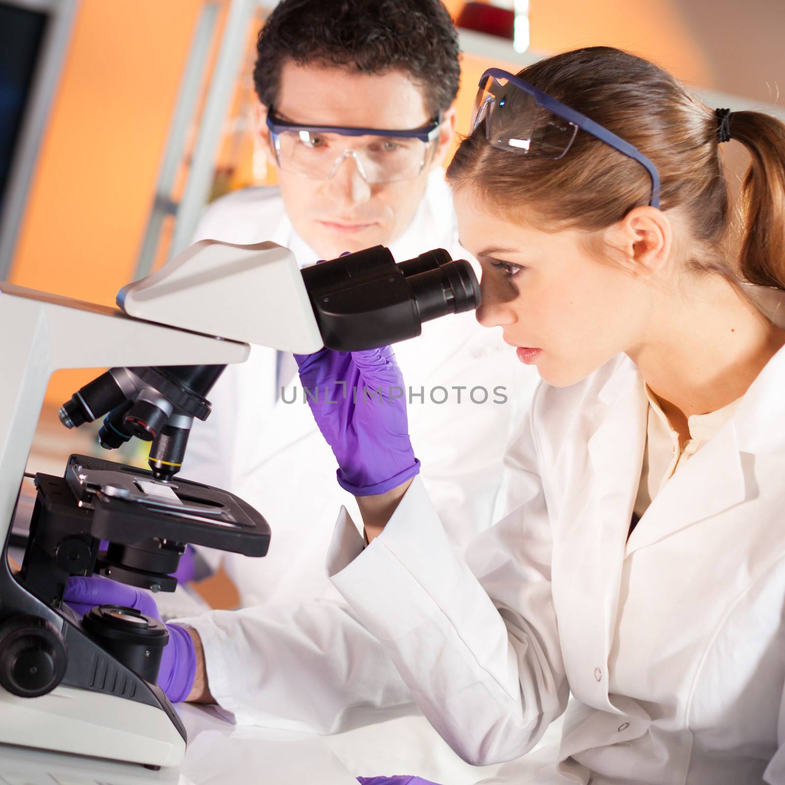 Attractive young scientist and her post doctoral supervisor looking at the microscope slide in the forensic laboratory.