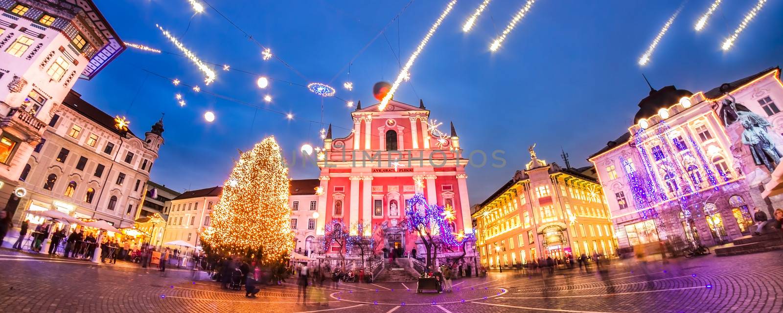 Romantic Ljubljana's city center  decorated for Christmas fairytale. Preseren's square, Ljubljana, Slovenia, Europe.