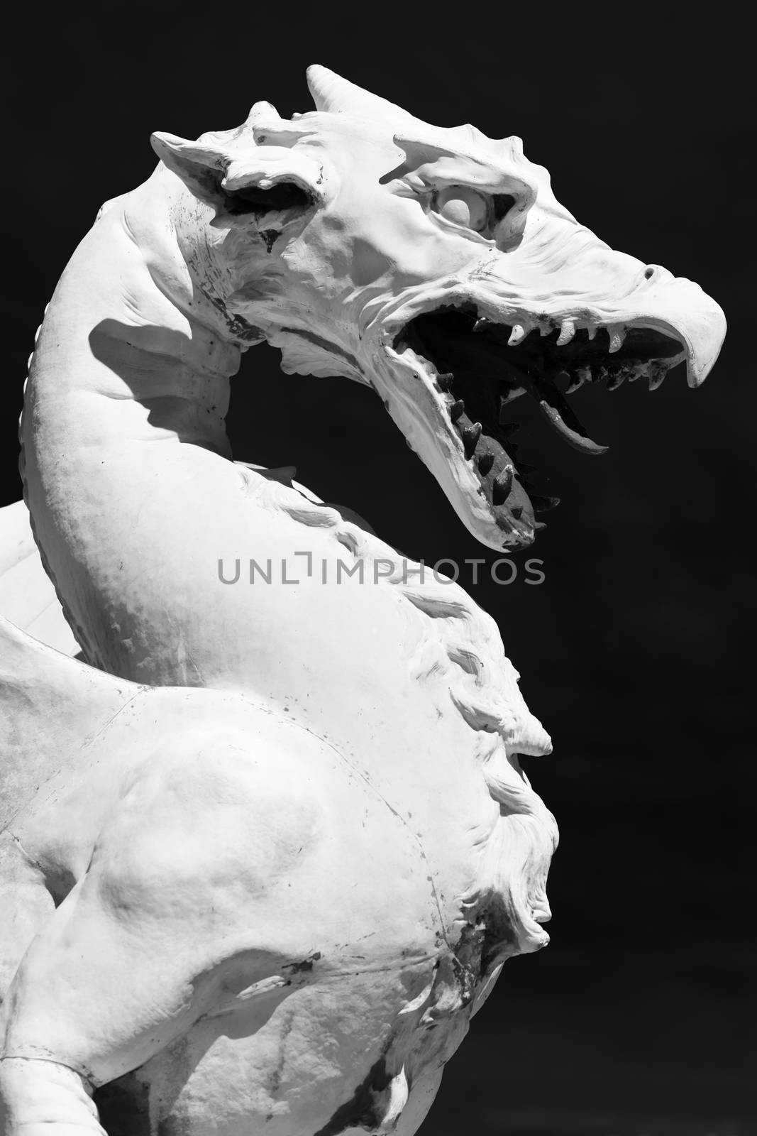 Famous Dragon bridge (Zmajski most), symbol of Ljubljana, capital of Slovenia, Europe. Black and white.