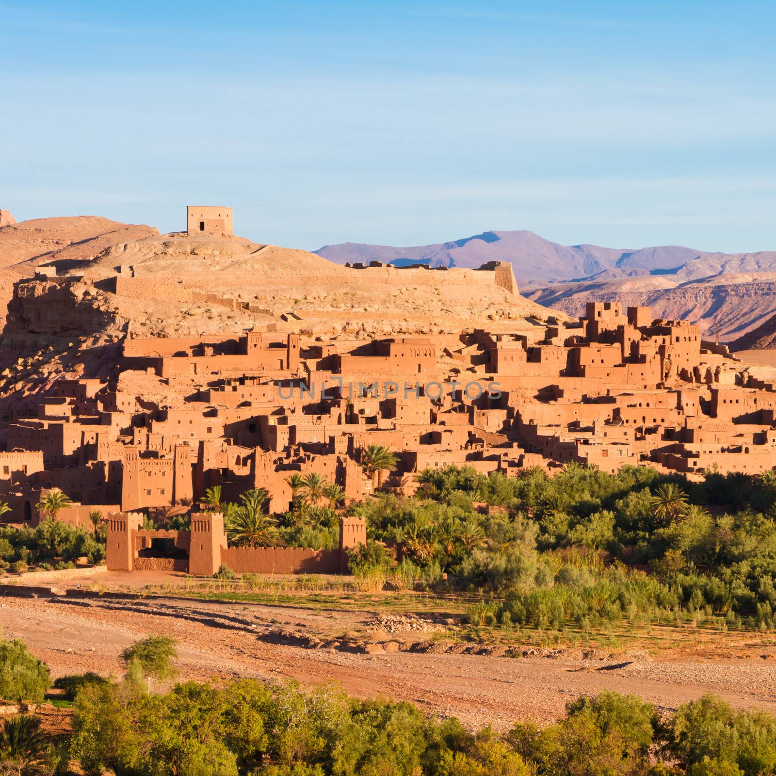 Ait Benhaddou,fortified city, kasbah or ksar, along the former caravan route between Sahara and Marrakesh in present day Morocco. It is situated in Souss Massa Draa on a hill along the Ounila River.