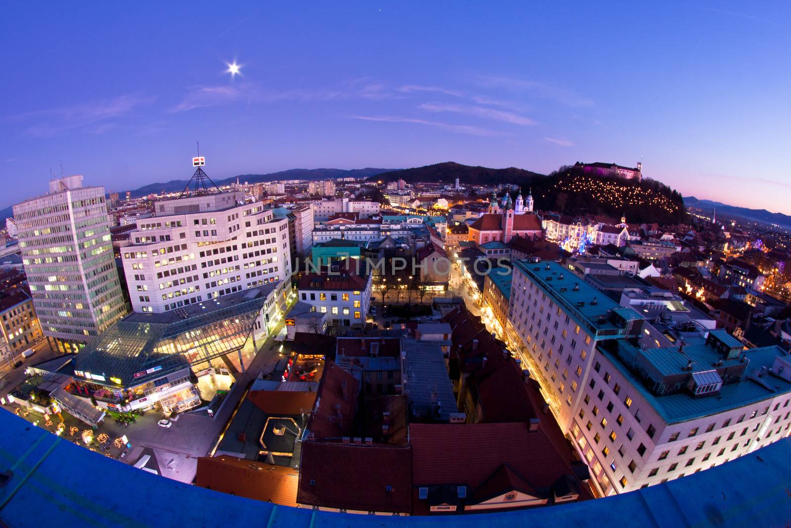 Aeirial fish eye panoramic view of romantic medieval Ljubljana's city centre, the capital of Slovenia, decorated for Christmas holidays. Ljubljana, Slovenia, Europe.