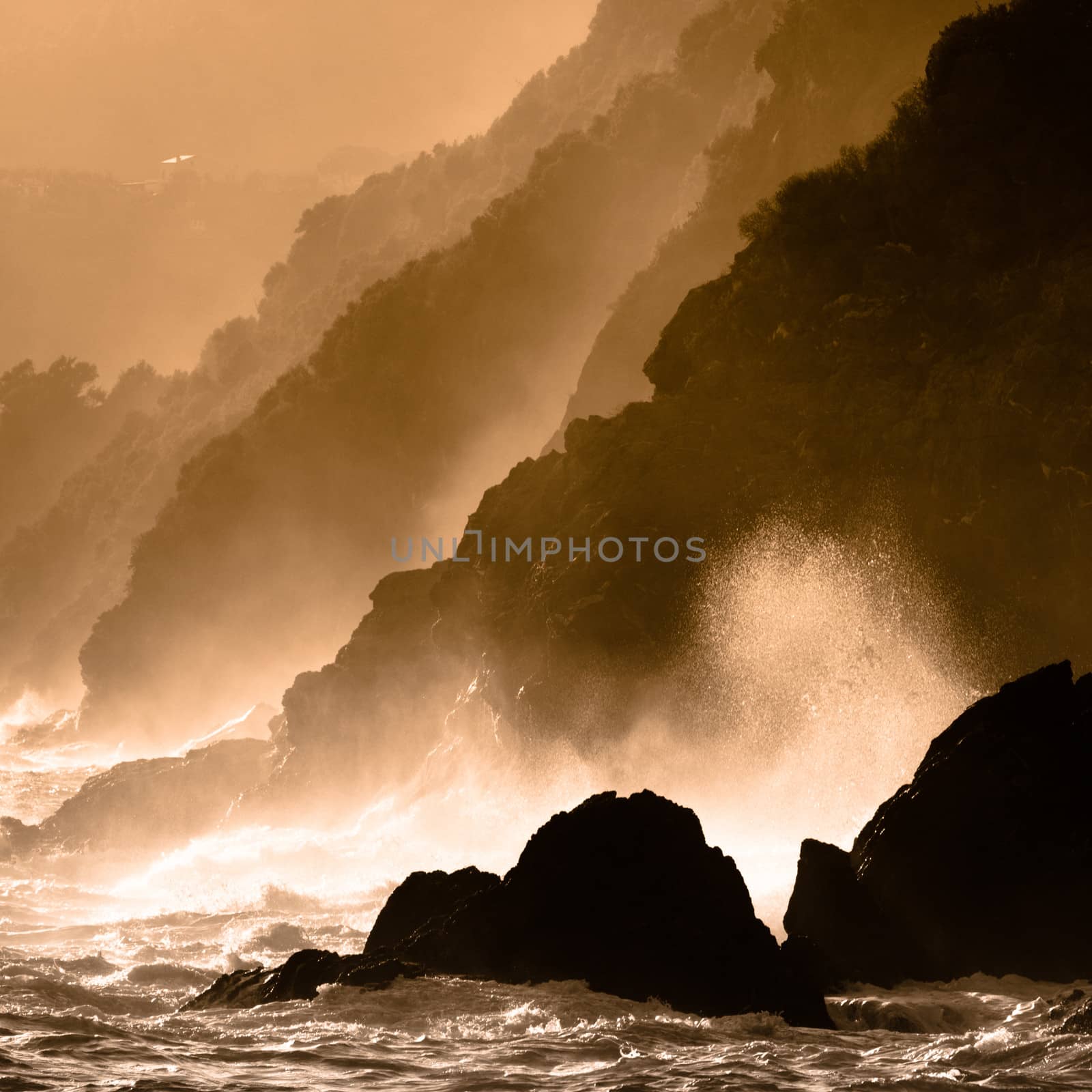 Dramatic seascape in Mediterranean sea in Chinque Terre national park in Italy.