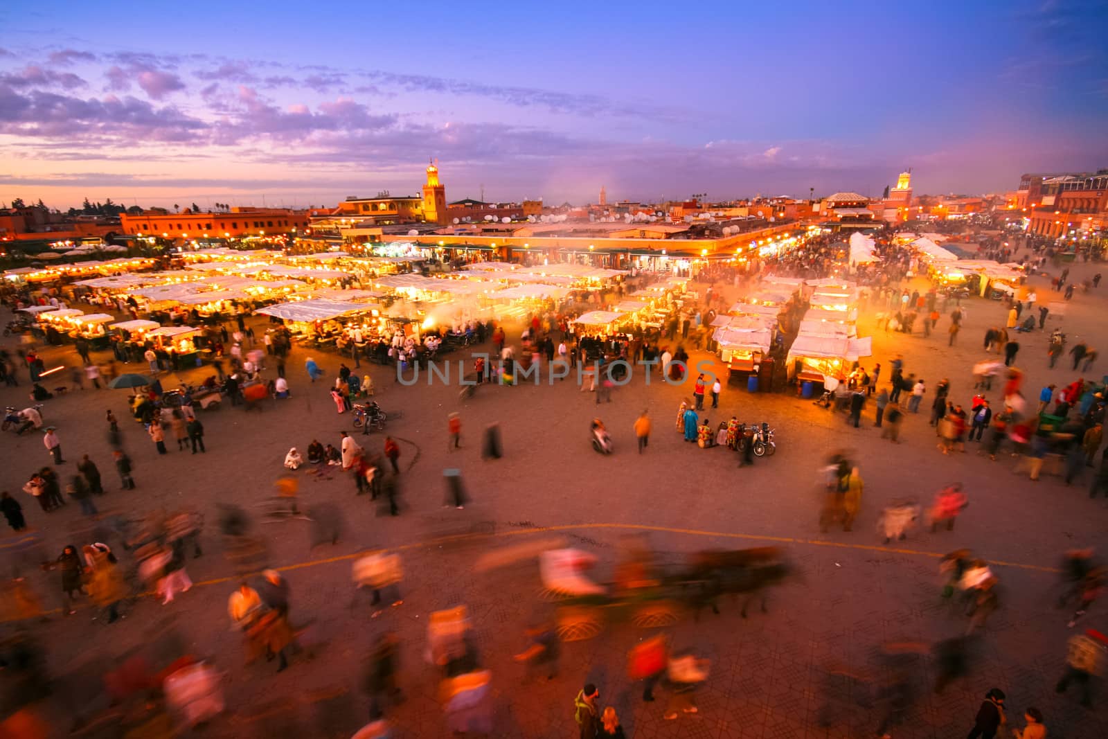 Jamaa el Fna (also Jemaa el-Fnaa, Djema el-Fna or Djemaa el-Fnaa) is a square and market place in Marrakesh's medina quarter (old city). Marrakesh, Morocco, north Africa. UNESCO Masterpiece of the Oral and Intangible Heritage of Humanity.