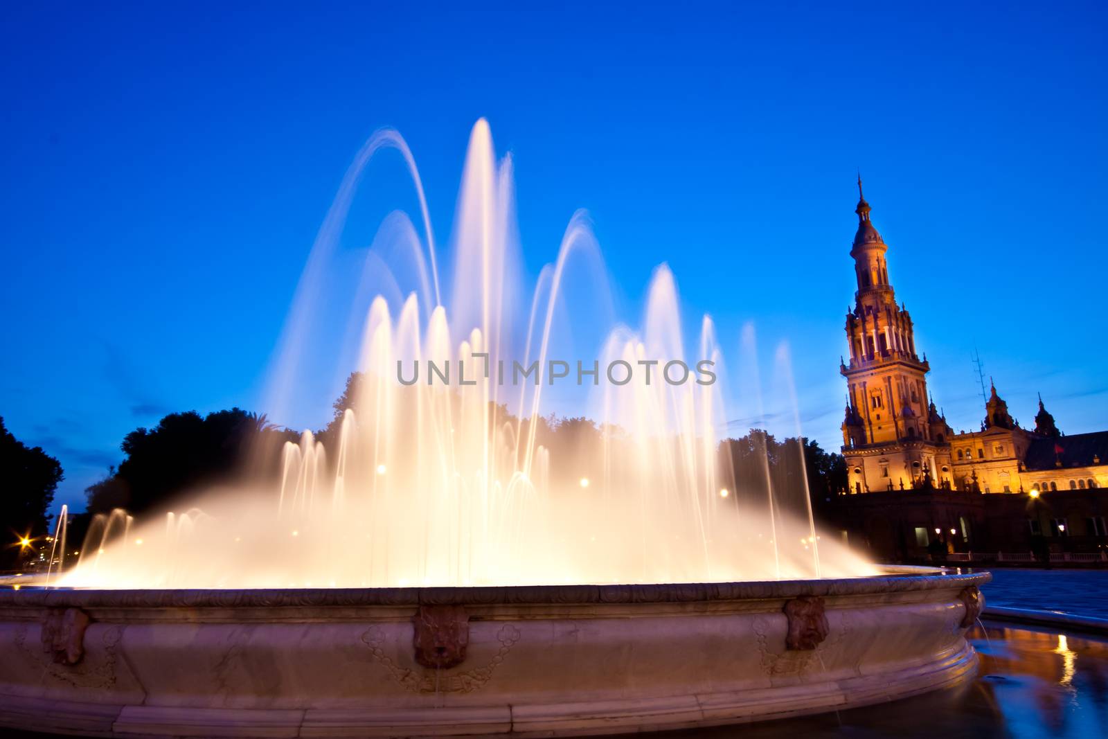 A view of the Plaza de Espana in Seville at dusk, Spain
