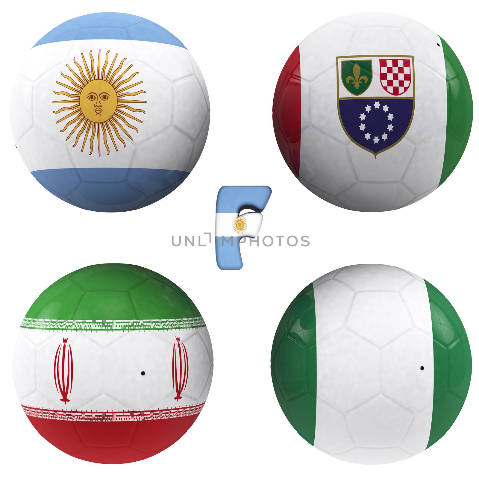 balls with flags of the football teams that make up the f group of world cup 2014 brazil isolated with clipping path