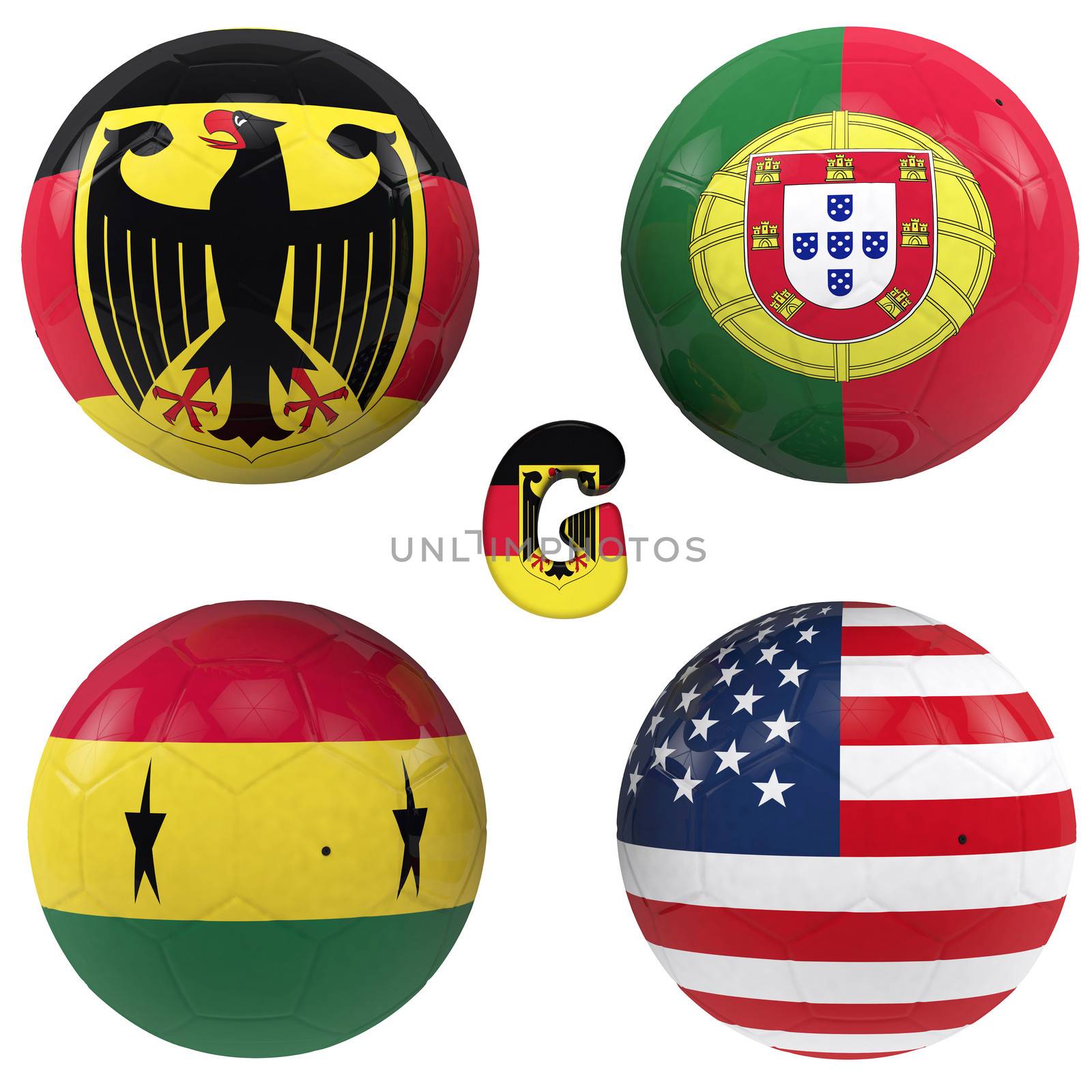 balls with flags of the football teams that make up the g group of world cup 2014 brazil isolated with clipping path