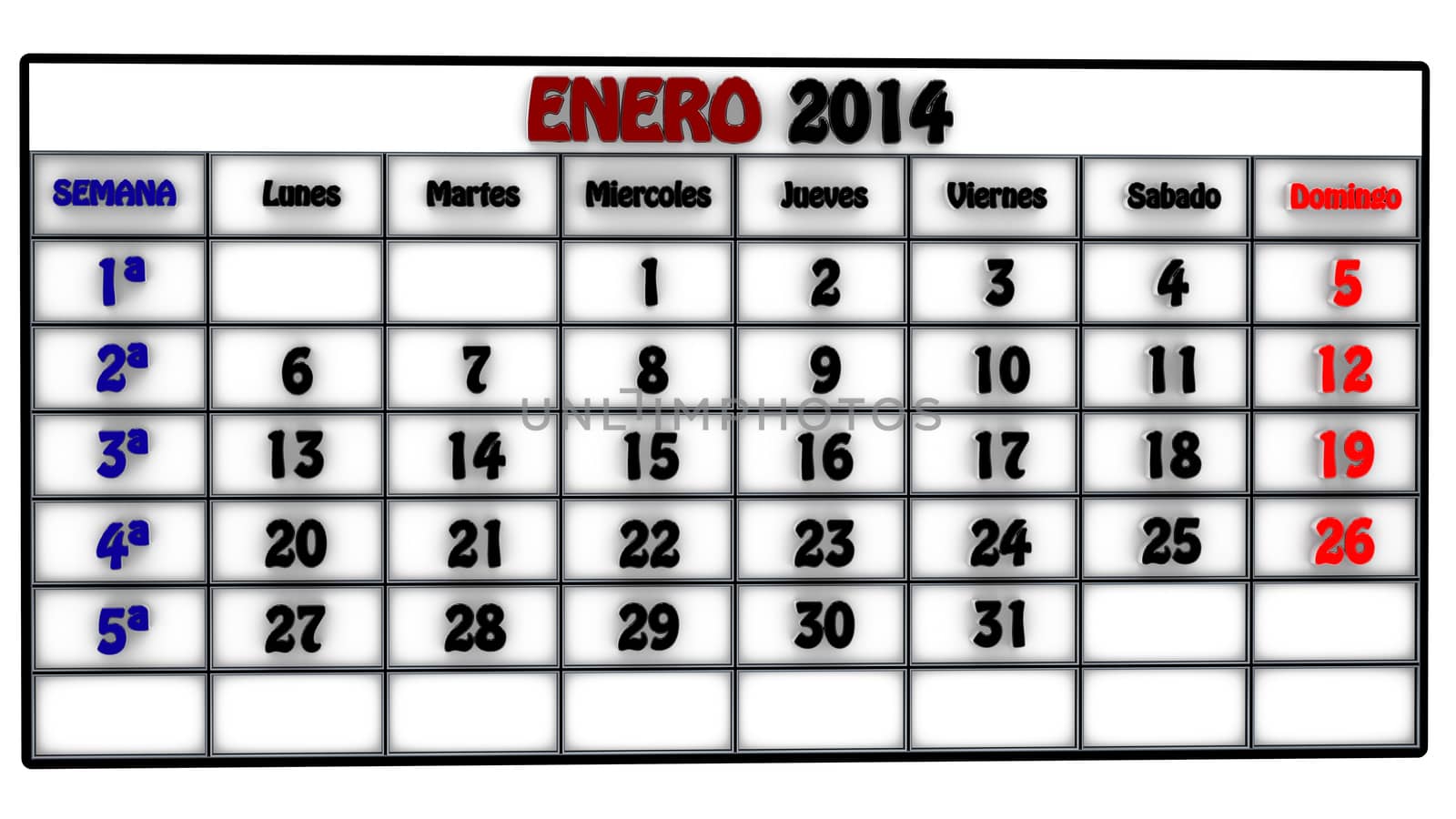 calendar page for January 2014 made ​​in 3d simulating a neon sign