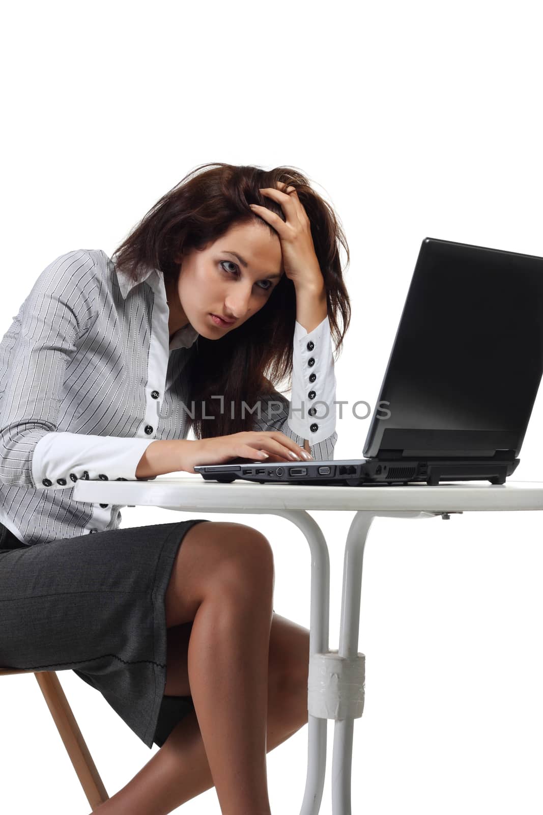 Tired women sitting with computer isolated on the white background