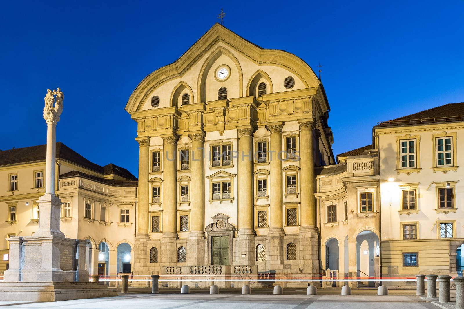 Ursuline Church of the Holy Trinity also Nun Church is a parish church in Ljubljana, the capital of Slovenia. It is located at Slovene Street, along Congress Square. Shot at dusk.