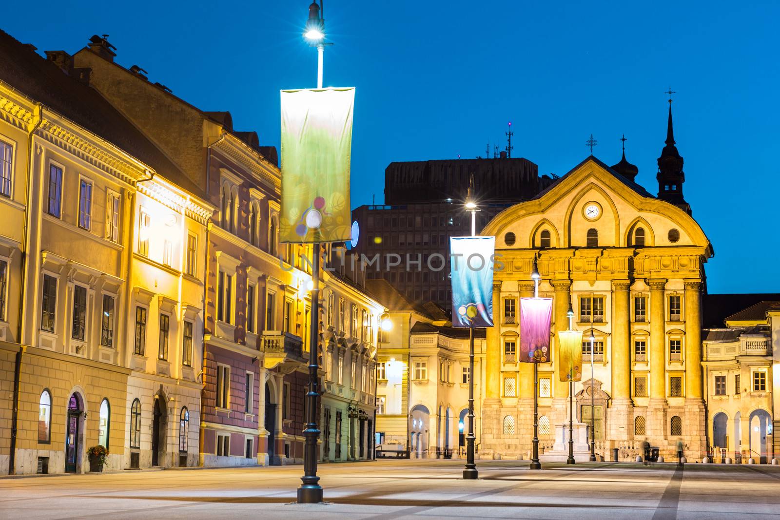 Ursuline Church of the Holy Trinity also Nun Church is a parish church in Ljubljana, the capital of Slovenia. It is located at Slovene Street, along Congress Square. Shot at dusk.