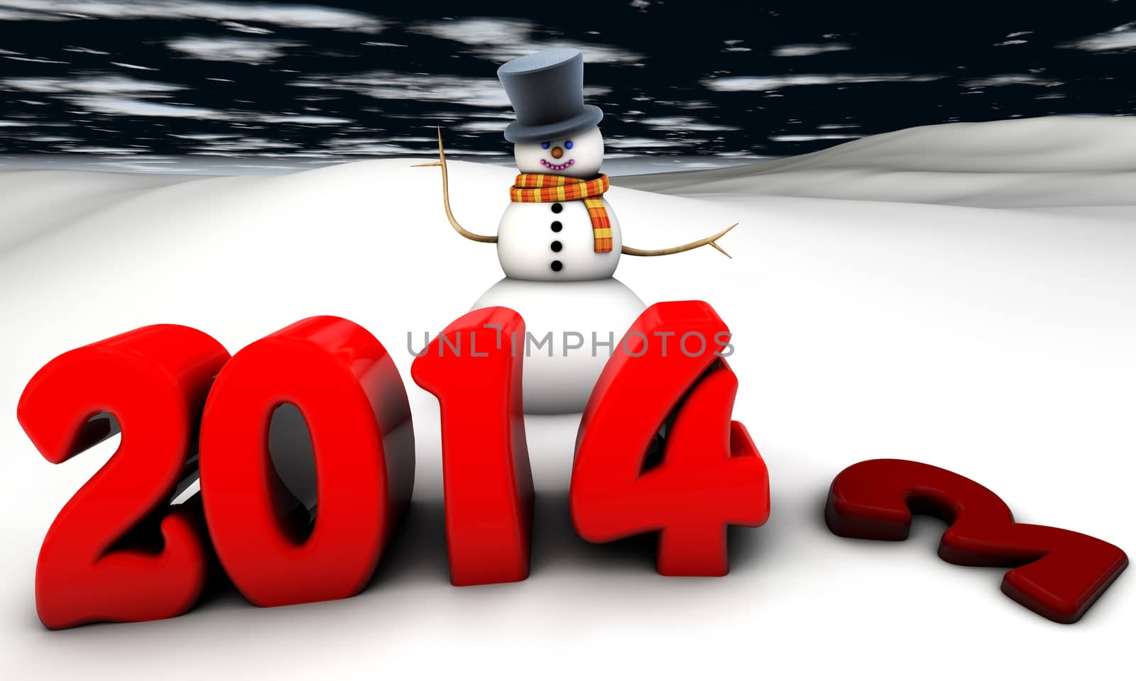 scene with snowman greeting the new year 2014 made ​​in 3d