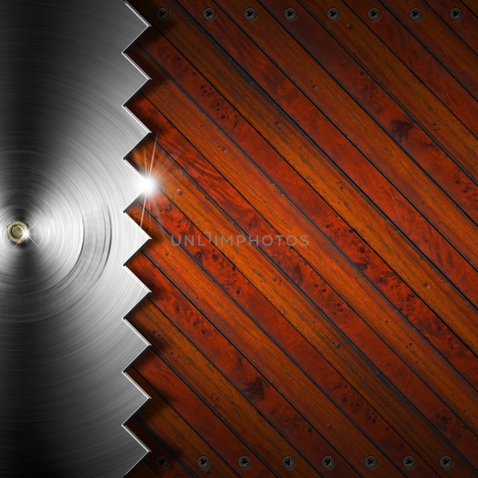 Wood square background with metal saw and twinkle
