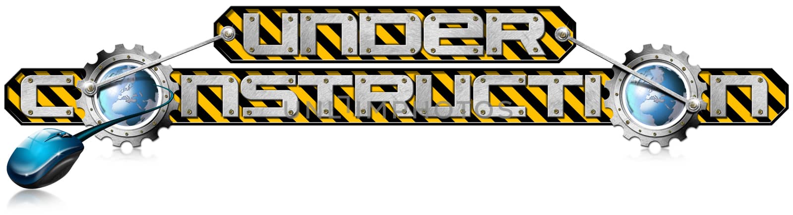 Metal written "Under Construction" with metal gears and terrestrial globe