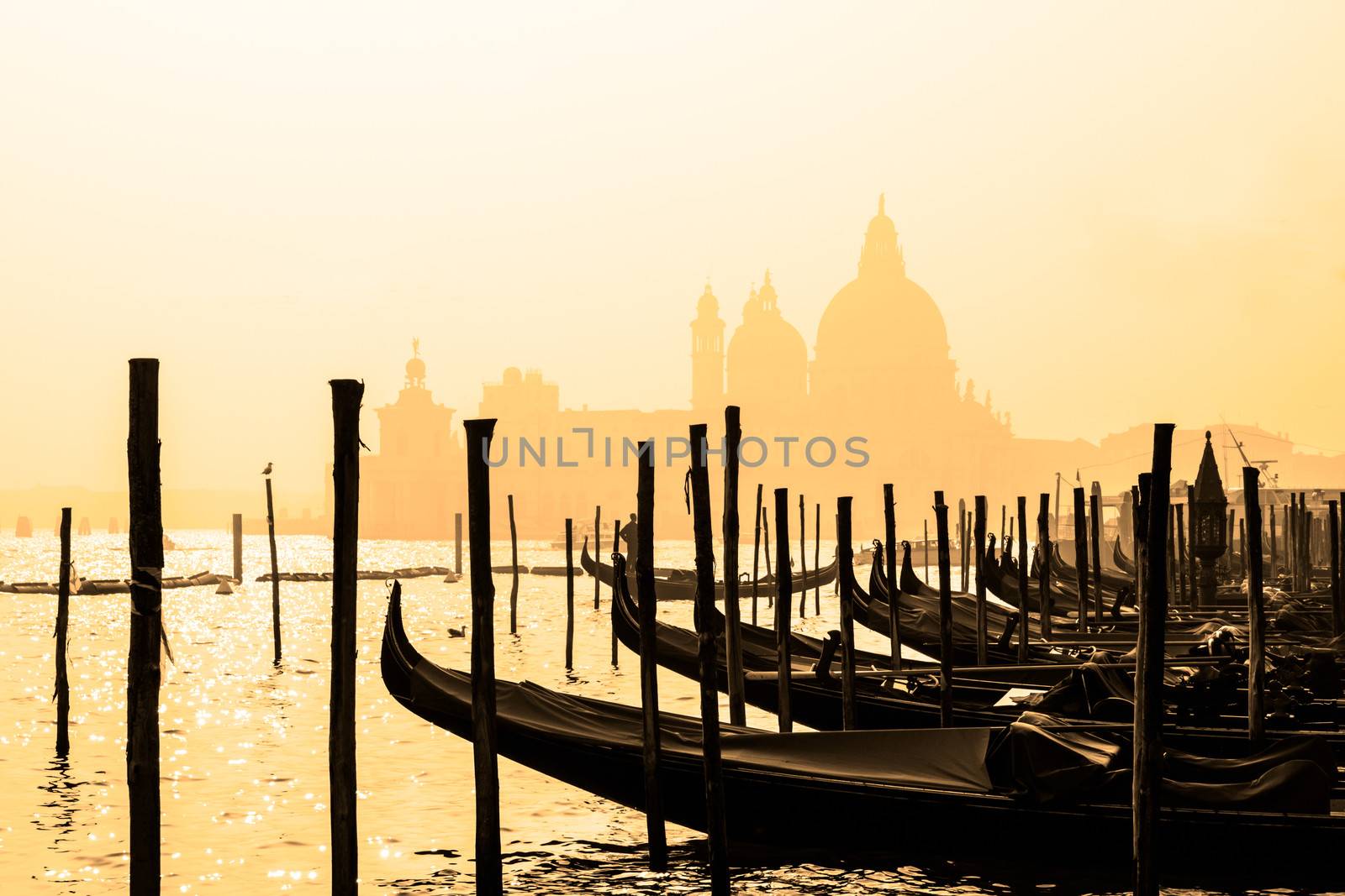 Romantic Italian city of Venice (Venezia), a World Heritage Site: traditional Venetian wooden boats, gondolier and Roman Catholic church Basilica di Santa Maria della Salute in the misty background.