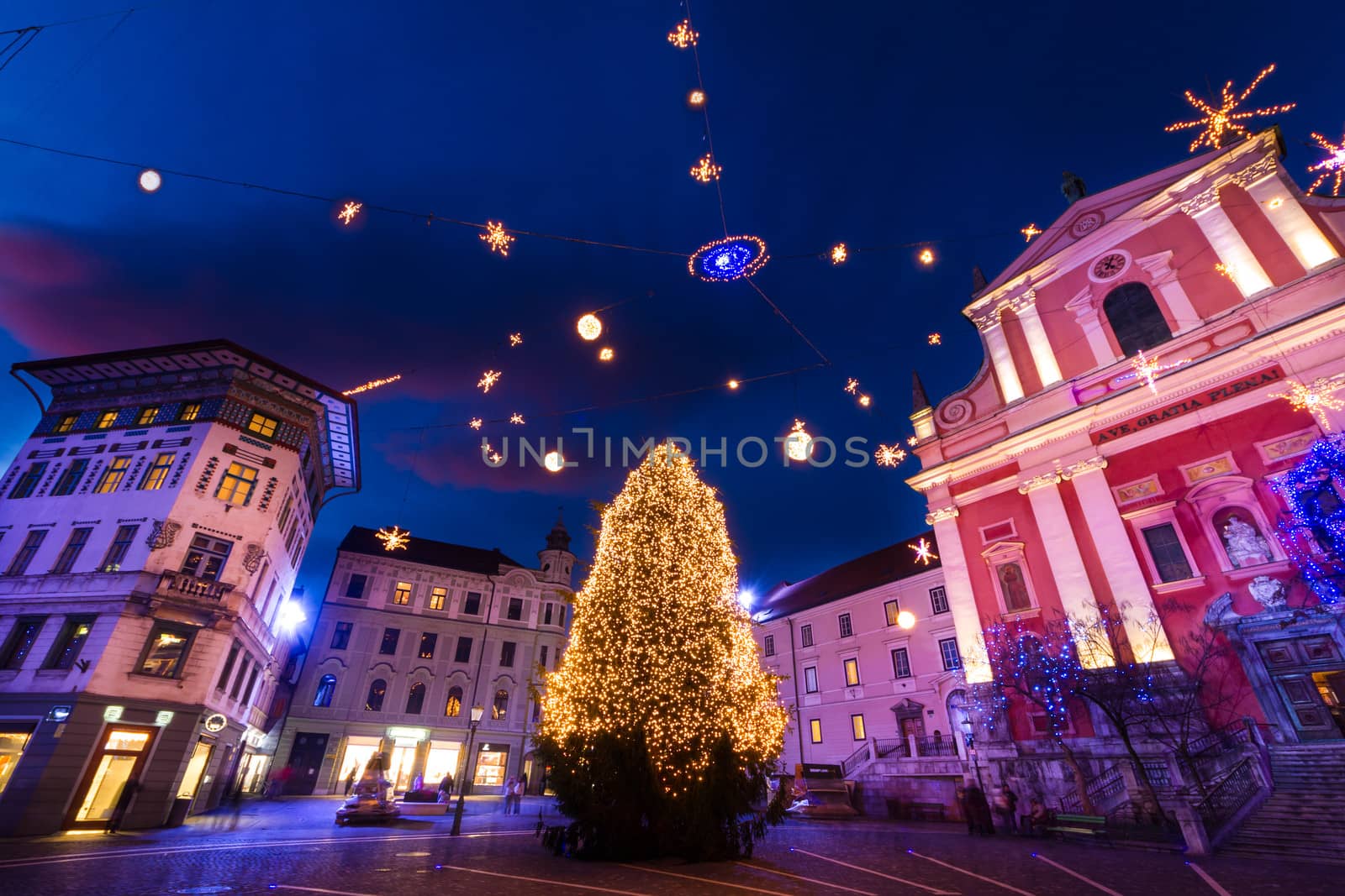 Romantic Ljubljana's city center  decorated for Christmas holiday. Preseren's square, Ljubljana, Slovenia, Europe.